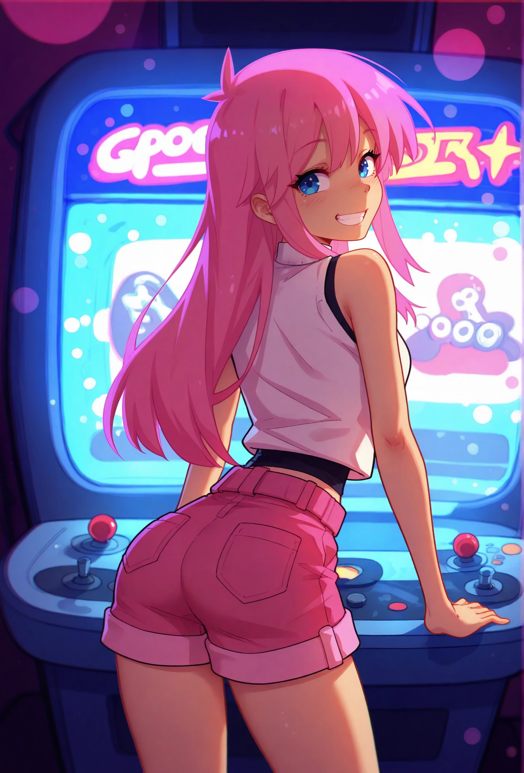 Teenage bunny girl dirty room at night, retro old pink bed, bras, panties, underwear scattered, PlayStation 5 and controller, PC and monitor, bunny art on display monitor, window, pink and blue light entering the room, junk food, cup noodle and DRINK jars and cans are scattered, trash cans are overflowing. The walls are bare with cables and wiring, only the appliances are futuristic, sparkling dust is flying around the room, night, HD, 8K, masterpiece, real ,((dildoridingback)),from behind