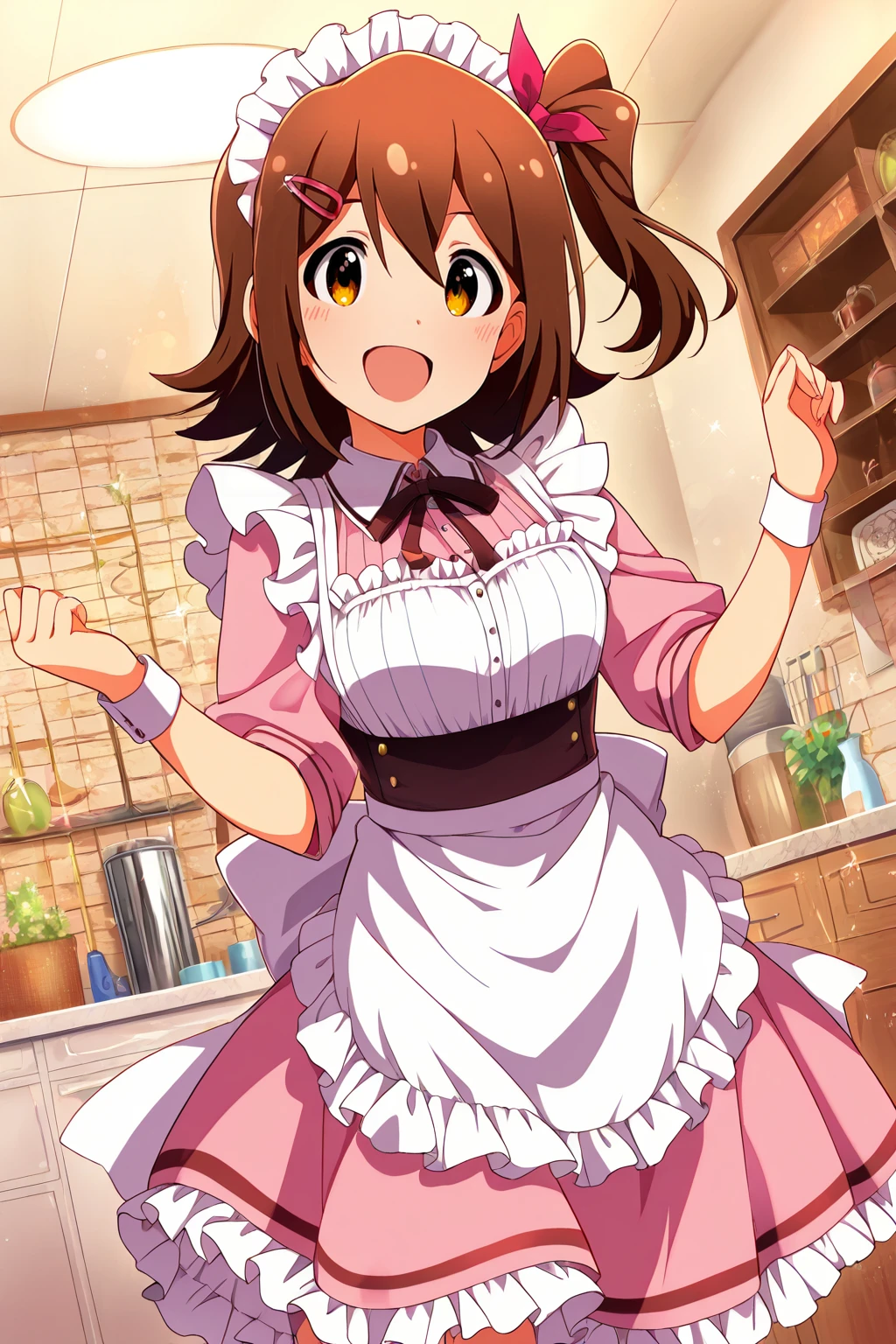 masterpiece,best quality,very aesthetic,absurdres,highres,newest,official art,official style,
1girl,solo,
kasuga mirai,brown eyes,brown hair,hairclip,hair ornament,hair between eyes,one side up,side ponytail,medium hair,
maid,maid headdress,pink dress,white apron,
<lora:eye_focus_illus:1>,eye_focus,
<lora:idolmaster_kasuga_mirai_ill_v1.0:1>,
