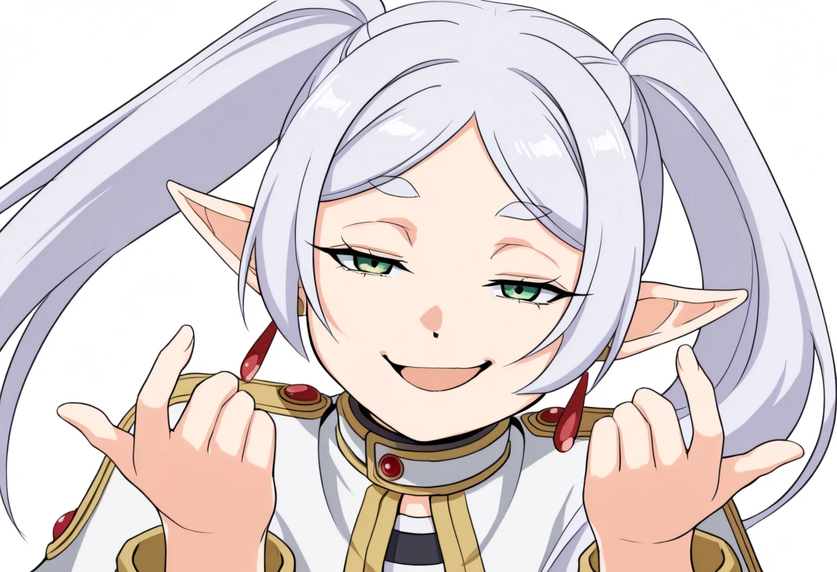 masterpiece, best quality, high quality, hakaridance, simple background, white background, upper body, 1girl, frieren, green eyes, twintails, white hair, long hair, capelet, striped clothes, upper body, half-closed eyes, looking at viewer, smile, smirk, hands up, open mouth, <lora:hakari_dance_-_IL:1>