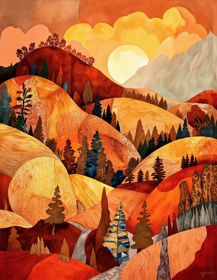 Art by Tigran Matulian. A vibrant and colorful illustration of a mountainous landscape with a bright sun in the center. The background features a gradient of warm oranges, yellows, and reds, with rolling hills and valleys. The hills are covered in wavy, wavy lines that create a sense of depth and texture, while the valleys are filled with various shades of red, orange, and brown. in the foreground, there are various trees with different shapes and sizes, adding to the natural beauty of the scene. the trees are arranged in a way that creates a sense depth and dimension, with some overlapping each other. the overall effect is a whimsical and dreamy scene that captures the beauty of nature in all its glory.