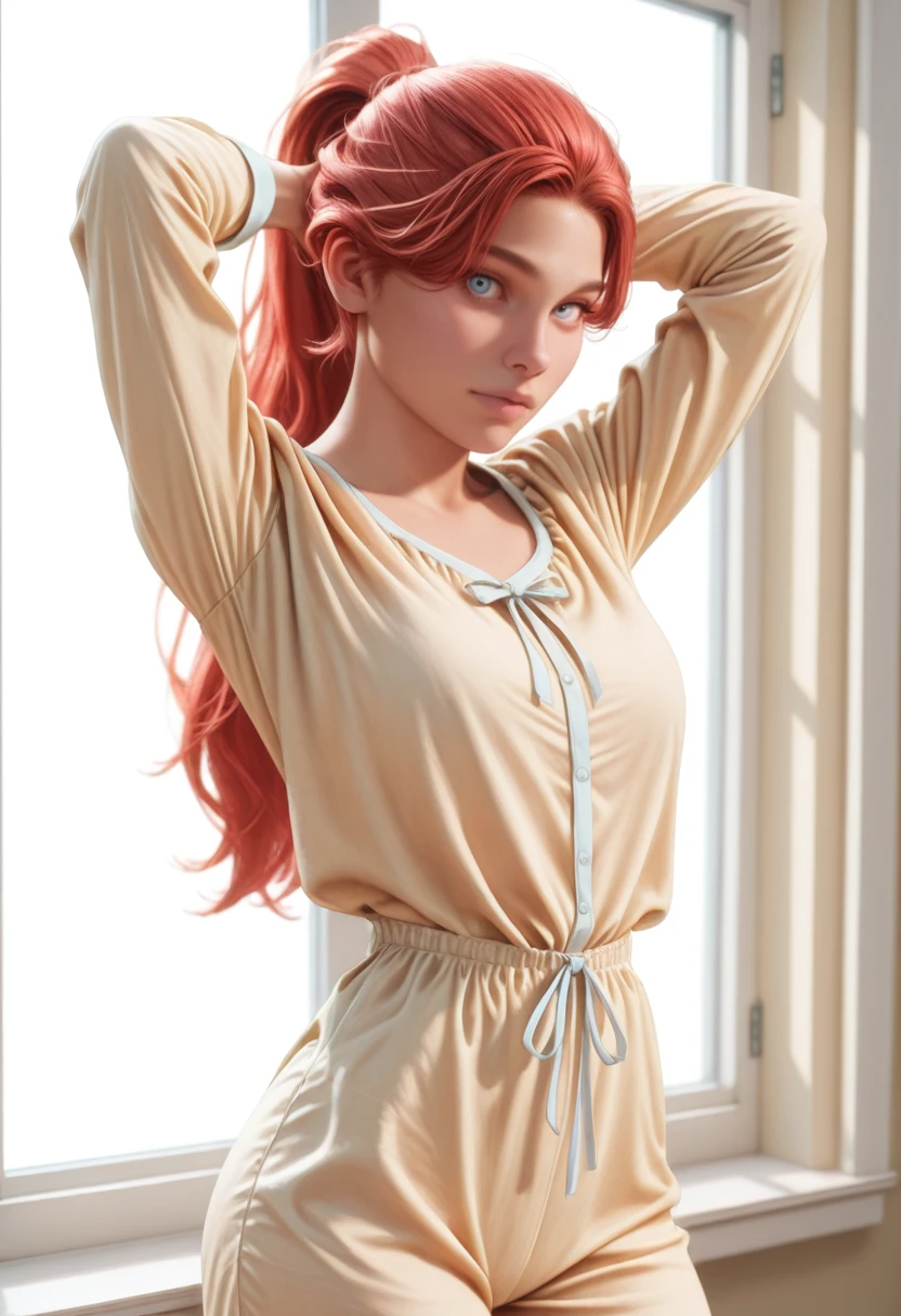 masterpiece, very aesthetic, best quality, absurdres, newest, realistic
<lora:ILE3Maelle:1.0>
E3Maelle, 1girl, red hair, long hair, ponytail, blue eyes, looking at viewer, standing in front of a window, dynamic pose, pajamas, slicked-back hair, arms behind head