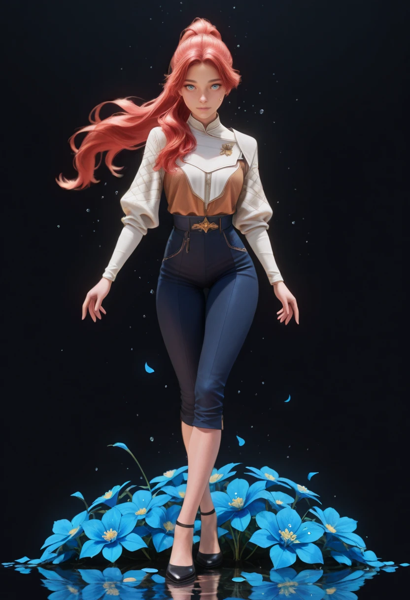 masterpiece, very aesthetic, best quality, absurdres, newest,
<lora:ILE3Maelle:1.0>
E3Maelle, 1girl, red hair, long hair, ponytail, blue eyes, looking at viewer, blue leaves and petals, flowers, black background, water drops, full body, dynamic pose