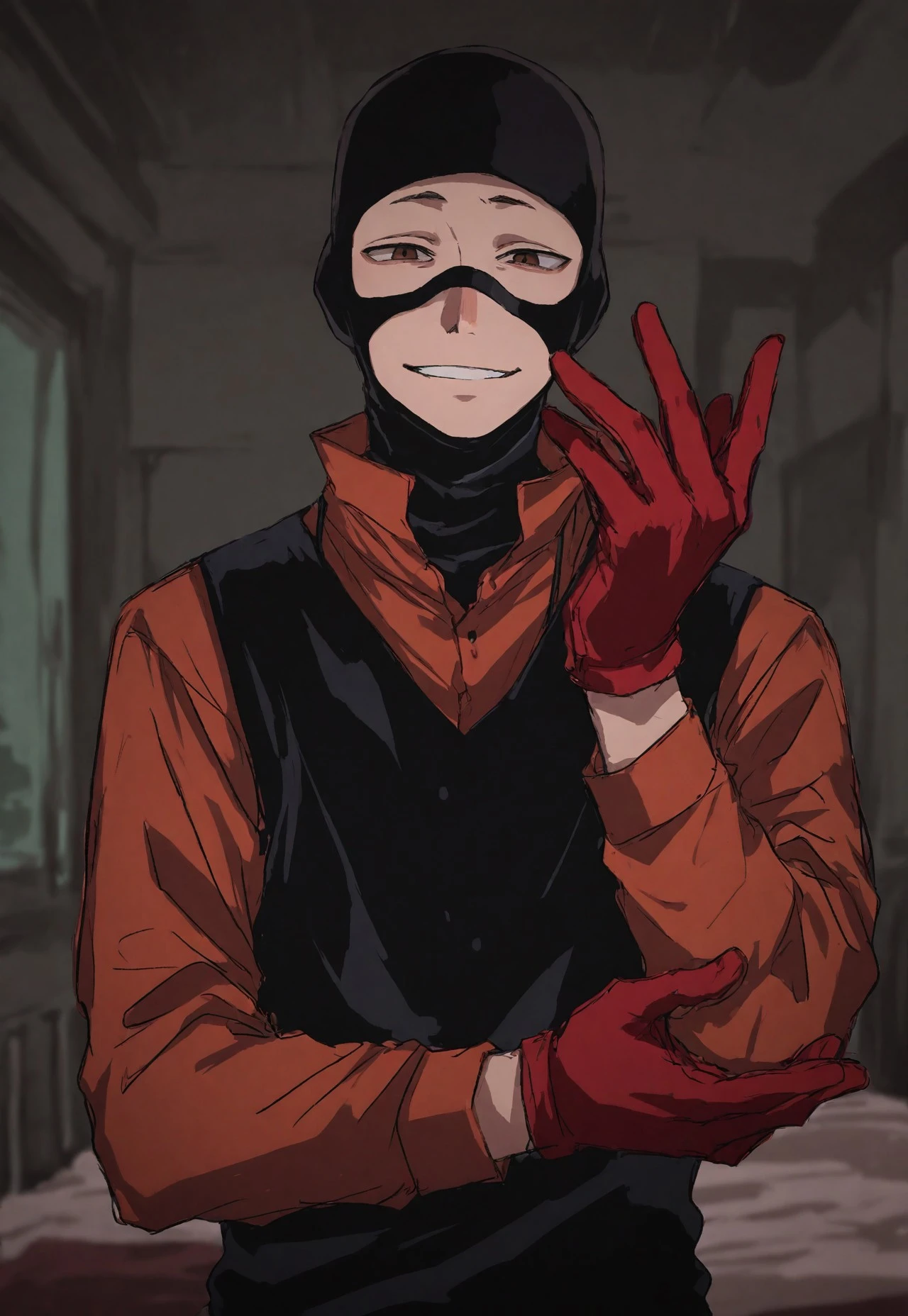 Smooth_Quality, masterpiece, best quality, amazing quality, very aesthetic, absurdres, newest, detailed background, 3ompress, 1boy, solo, balaclava, brown eyes, smile, shirt, red gloves, upper body, bedroom
