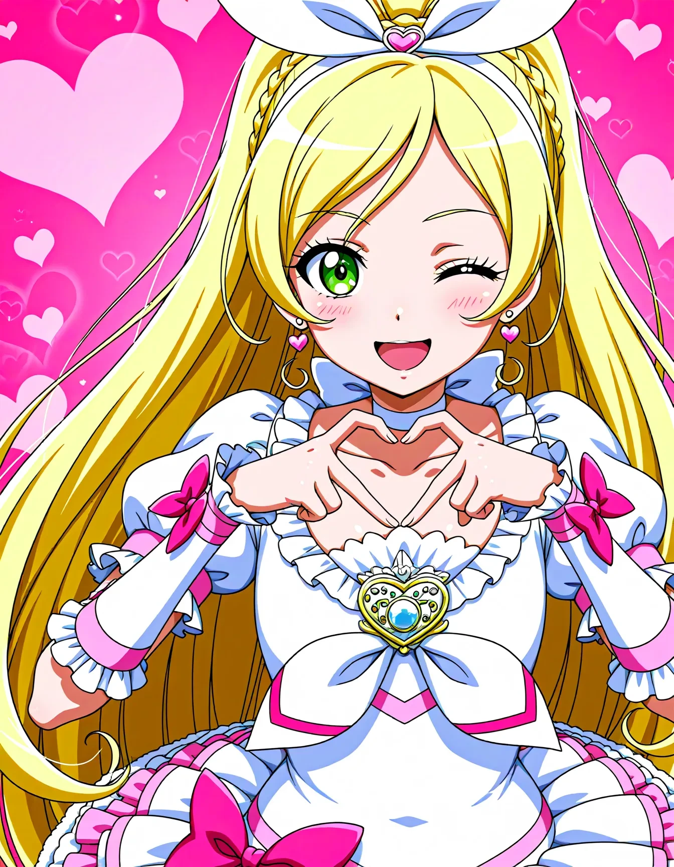 <lora:dmd2_sdxl_4step:1>,1girl,official style,masterpiece,best quality,newest,very aesthetic,highly detailed,high resolution,absurdres,highres,depth of field,super detailed skin,very awa,Anime,anime coloring,anime screencap,<lora:cure_rhythm_V2:1>,cure rhythm,solo,blonde hair,ponytail,very long hair,braid,eyelashes,green eyes,white dress,puffy short sleeves,frilled sleeves,white choker,ribbon choker,brooch,white neckwear,heart earrings,hair bow,white bow,white hairband,wrist cuffs,arm warmers,hair ornament,pink bow,white skirt,frilled skirt,layered skirt,smile,heart,embarrass,shy,(heart hand pose:1.1),heart_background,blush,open mouth,one eye closed,