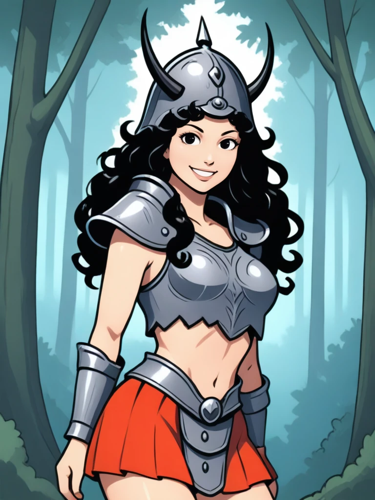 <lora:Telerie:0.7>
telerie,,long hair, black hair, curly hair,,armor, midriff, skirt, helmet,, looking at viewer, smiling
forest, solo