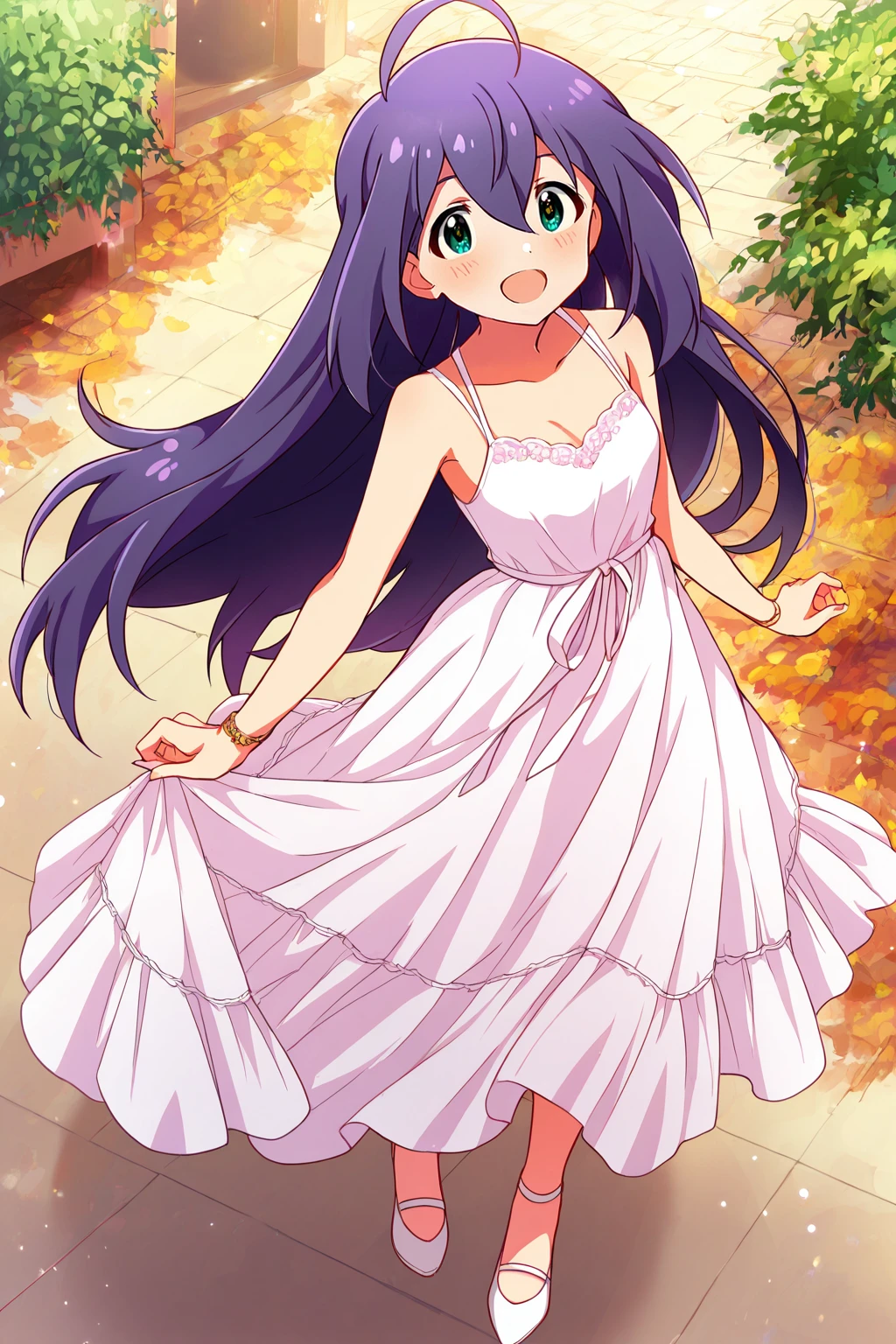 masterpiece,best quality,very aesthetic,absurdres,highres,newest,official art,official style,
1girl,solo,
mochizuki anna,purple hair,green eyes,ahoge,
dress,white dress,sleeveless dress,
<lora:eye_focus_illus:1>,eye_focus,
standing,full body,
<lora:idolmaster_mochizuki_anna_ill_v1.0:1>,
