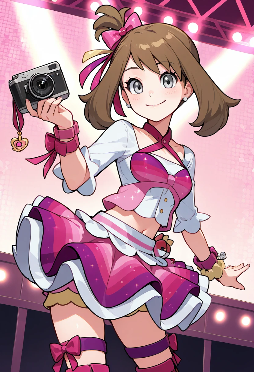 masterpiece, best quality, 1girl, solo, eyelashes, (beautiful eyes), smile, looking at viewer, zzMayIdol, grey eyes, brown hair, medium hair, one side up, cosplay idol, hair bow, skirt, thigh boots, elaborate ribbon, chibi accessories, fan camera flashes, convention center, posing confidently, peace sign. At a lively anime convention, zzMayIdol poses for fans in a cosplay-style idol outfit, full of vibrant bows and accessories, holding a peace sign and glowing with charm. <lora:MayContestPokemon_IXL_v2:1.0>,