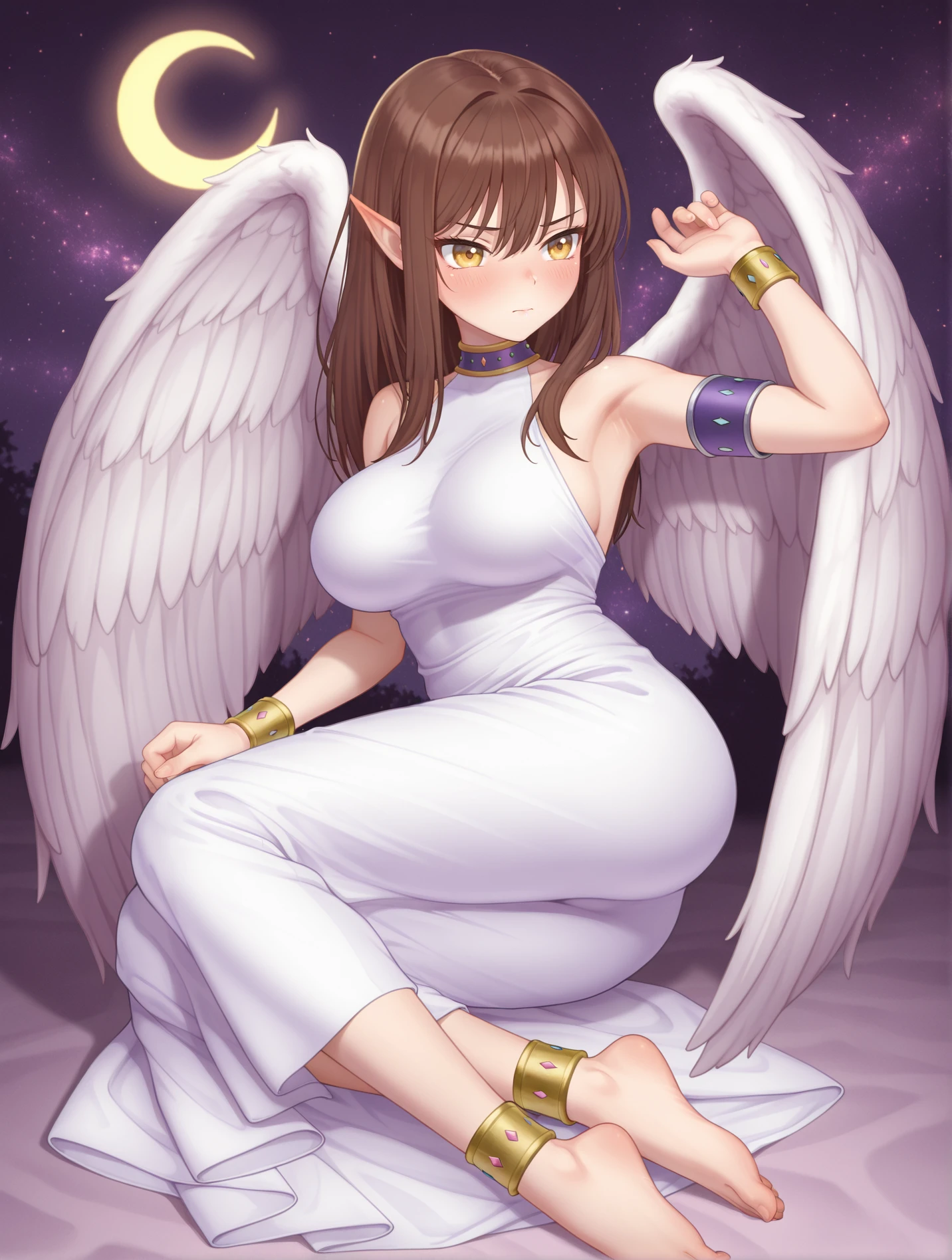 a woman, a beautiful woman, brown hair, bright violet eyes, curvy body, angelic clothes, lights, angel wings, beautiful face, smiling, holding divine sword, sword of light, (best quality,4k,8k,highres,masterpiece:1.2),ultra-detailed