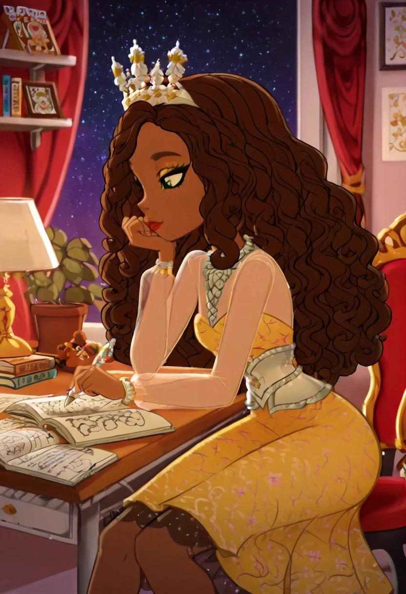 masterpiece, best quality, solo, curvy, beautiful eyes, narrow waist, wide hips, zzJustine, green eyes, brown hair, curly hair, long hair, wavy hair, dark skin, dress, jewelry, makeup, yellow dress, tiara, crown, necklace, lipstick, , <lora:JustineDancerEAH_IXL:1.0>, , zzLofi, sitting, side view, desk, chair, book, bookshelf, head rest, holding, holding pen, lamp, night, open book, pen, plant, potted plant, sky, star (sky), starry sky, window, windowsill, writing, <lora:LofiGirl_Style_IXL:0.8>,