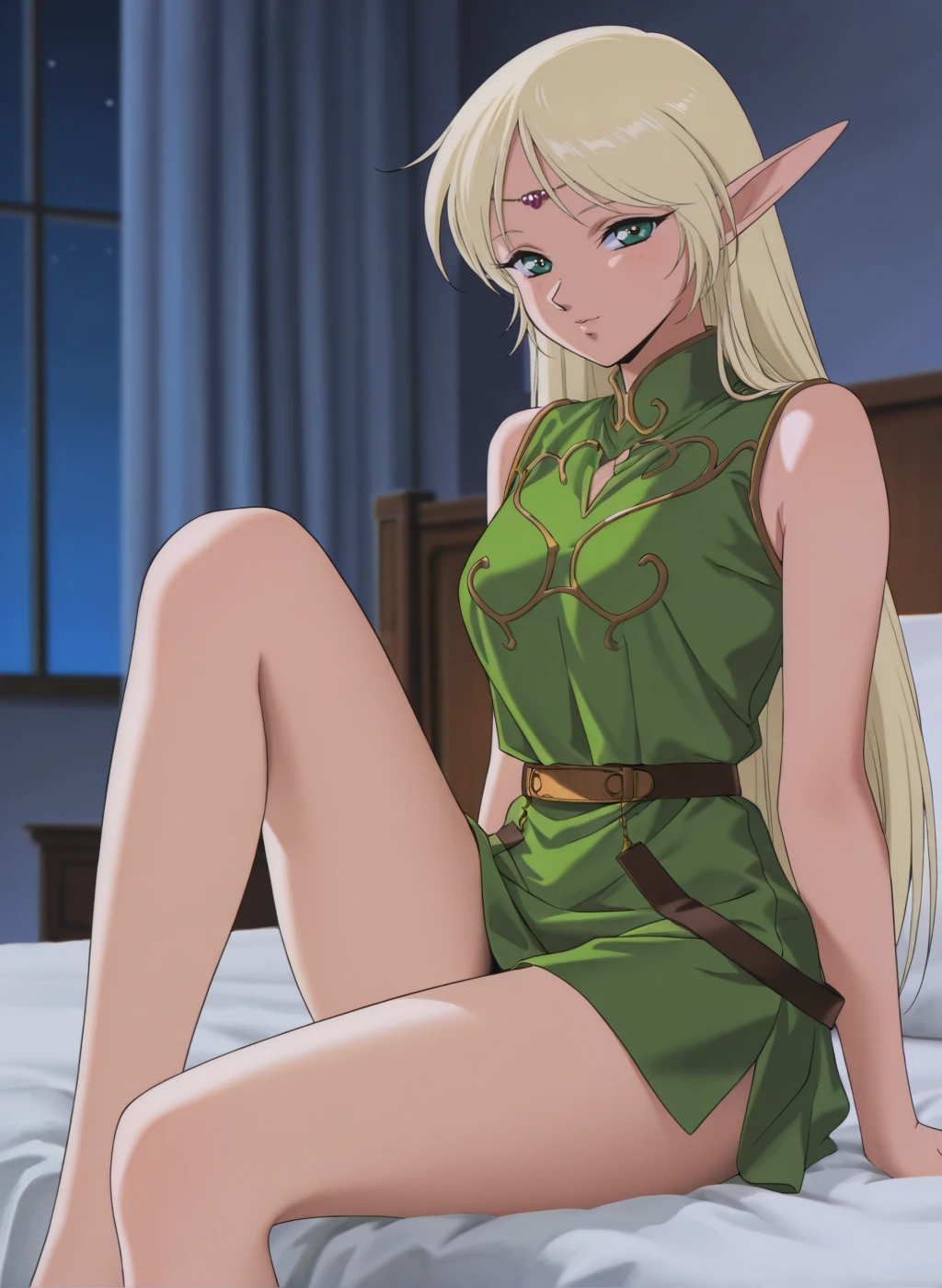masterpiece,best quality,amazing quality,very aesthetic,high resolution,ultra-detailed,absurdres,newest,sensitive,depth of field,scenery BREAK
(1990s (style), retro artstyle),<lora:deedlit_V1_NOOB:1>,(deedlit,record of lodoss war,blonde hair,pointy ears,long hair,green eyes),(green dress, circlet, belt,sleeveless),1girl,solo,sitting,posing,indoors,knee up,fantasy,(dark:1.5),(darkness:1.5),on bed,bed,night,