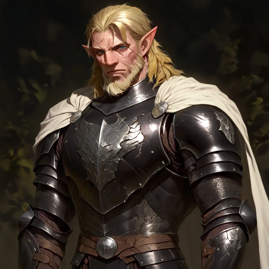 masterpiece, best quality, newest, absurdres, highres, DFAV1.5, 
1boy, manly, elf, beard, muscular male, blonde, blonde hair, pointy ears, scar, scar on face, armor, cape, chestplate, chest armor, black armor, black leather, white cape,