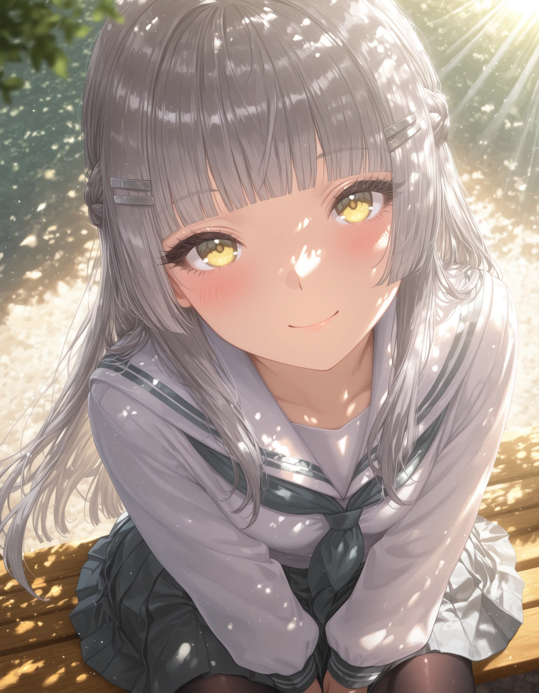 1girl,
solo, school uniform, hairclip, grey hair, long hair, blunt bangs, french braid, yellow eyes, pantyhose, pleated skirt, skirt, long sleeves, serafuku, sailor collar, white sailor shirt, black pantyhose, eyelashes, looking at viewer, sitting, from above, v arms, head tilt, looking up, day, smile, closed mouth, blush, blurry foreground, cowboy shot, bench, outdoors, (sunlight:1.3), (natural lighting:1.2), (soft lighting:1.1), depth of field, (lens flare:0.8), light particles, (dappled sunlight:1.1), (shine:1.1), light rays, intricate details, braid, shirt, hair ornament, blurry,
masterpiece, best quality, very aesthetic, absurdres