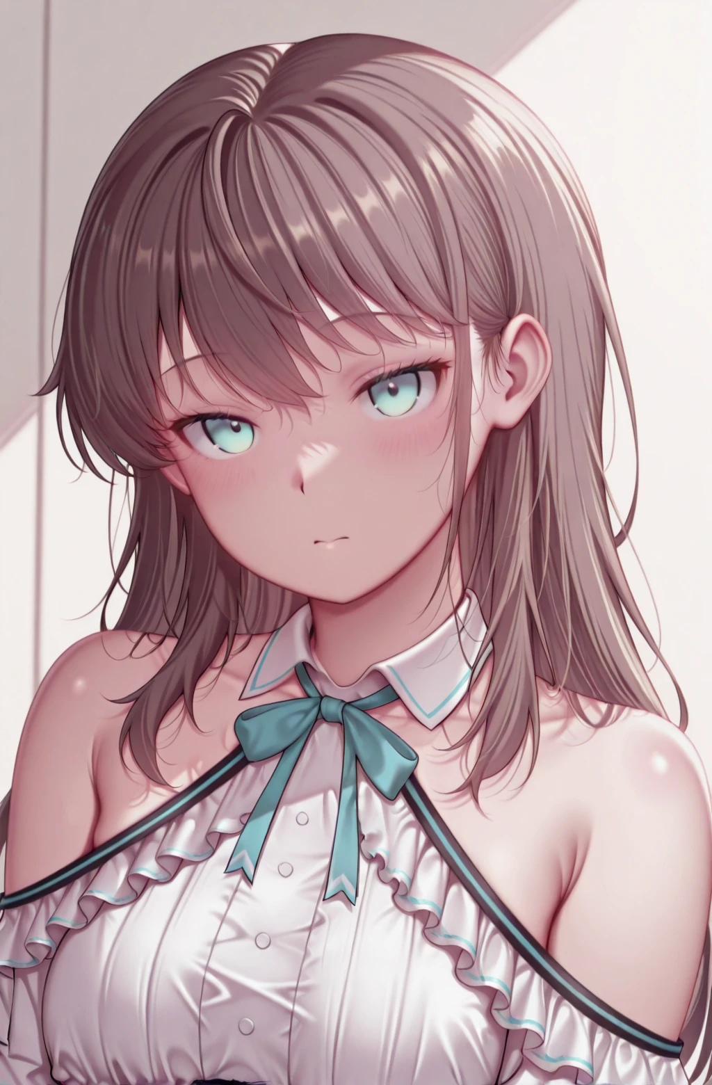 masterpiece,best quality,amazing quality,
1girl,nebelkanacasual frilled dress,bare shoulders, detached collar, <lora:KanaNebelCausalRebornV1-IXL:1> <lora:Kashiwazakikana-OnlyCharV3-IXL:1>,Kashiwazakikana,brown hair,aqua eyes,portrait, aqua neck ribbon