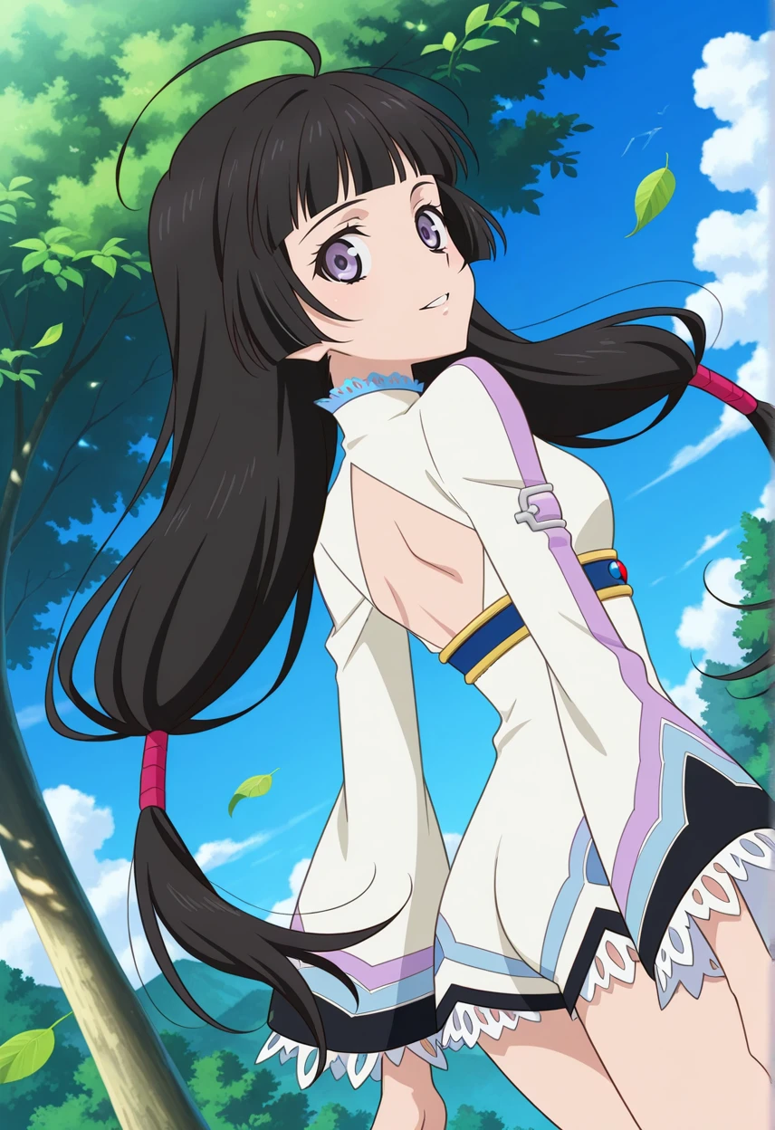 from behind, looking back, light smile, parted lips,
cowboy shot, dynamic angle,
BREAK,
<lora:kohak_illustriousXL_v03:1>
kohakdef, black hair, purple eyes, very long hair, blunt bangs, ahoge, low tied hair, twintails,
white bodysuit, long sleeves, wide sleeves, lace, back cutout, laced sleeves,
bare legs,, source_anime, very aesthetic, anime coloring, masterpiece,
best quality, amazing quality, ultra detailed, very aesthetic,
detailed background,
BREAK,, forest, flowers, clouds, day, floating leaves,