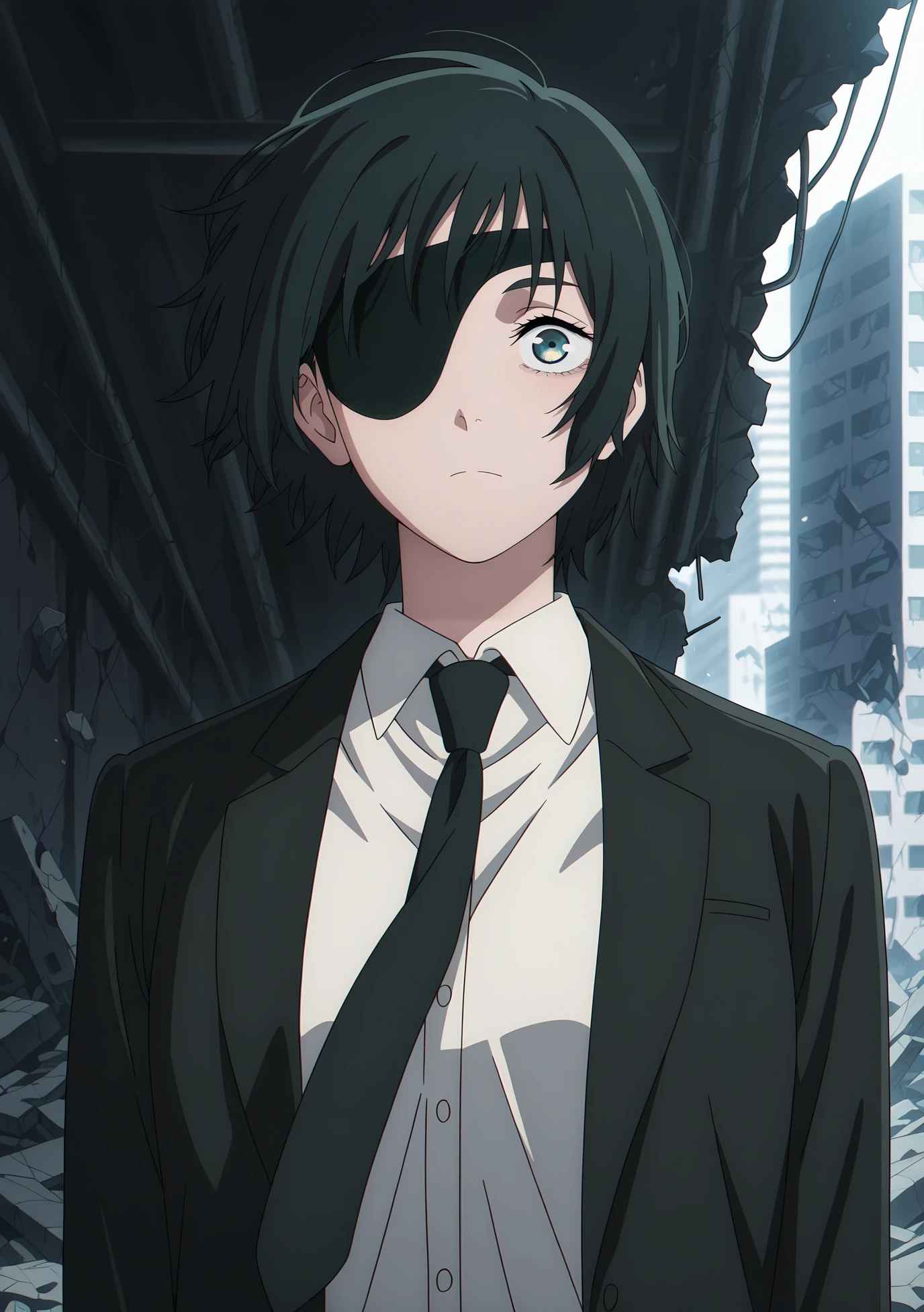 volumetric lighting, official style, amazing quality, ultra detailed, highres, detailed background,anime coloring, (anime screencap) masterpiece, detailed face,1girl  <lora:Himeno__:0.8>Himeno, eyepatch, necktie, formal, suit, black hair, shirt, black necktie, solo, short hair, white shirt, collared shirt, destroyed city, floating hair,  jacket, black jacket, turquoise eyes