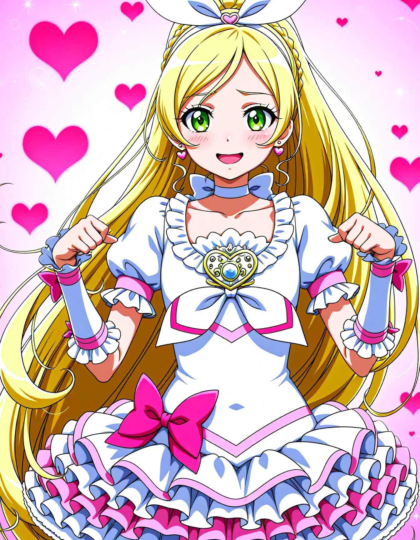 <lora:dmd2_sdxl_4step:1>,1girl,official style,masterpiece,best quality,newest,very aesthetic,highly detailed,high resolution,absurdres,highres,depth of field,super detailed skin,very awa,Anime,anime coloring,anime screencap,<lora:cure_rhythm_V2:1>,cure rhythm,solo,blonde hair,ponytail,very long hair,braid,eyelashes,green eyes,white dress,puffy short sleeves,frilled sleeves,white choker,ribbon choker,brooch,white neckwear,heart earrings,hair bow,white bow,white hairband,wrist cuffs,arm warmers,hair ornament,pink bow,white skirt,frilled skirt,layered skirt,(embarrass:1.4),(shy:1.3),heart_background,blush,open mouth,smile,(sexy pose:1.5),(sexual_act:2),
