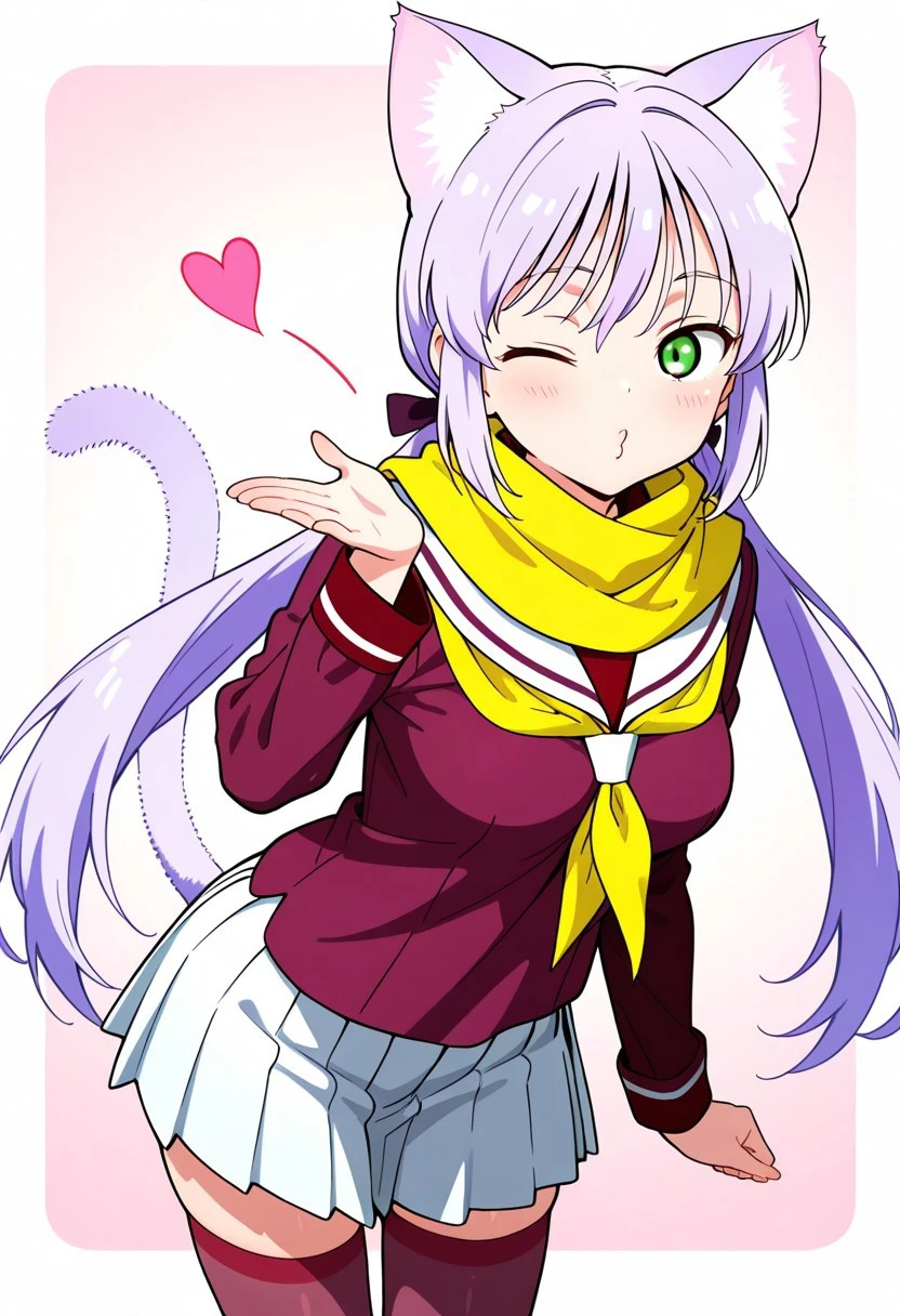 smasterpiece, best quality, amazing quality, score_9, score_8_up, score_7_up, score_6_up, score_5_up, score_4_up,
solo, kurumi nekomai, long hair, light purple hair, cat ears, fluff on the ears, cat tail, fluffy tail, medium breasts, (green eyes: 1.1), 2 pigtails,
 skirt, School uniform, Pleated skirt, Serafuku, White skirt, Shirt, Purple shirt, Sailor collar, White Sailor collar, Long sleeves, Scarf, Yellow Scarf, Knee-high stockings, 
<lora:blowing-kiss-illustriousxl-lora-nochekaiser:1>, blowing kiss, pucked lips, heart, one eye closed, o3o, looking at viewer, hand up, , ,
