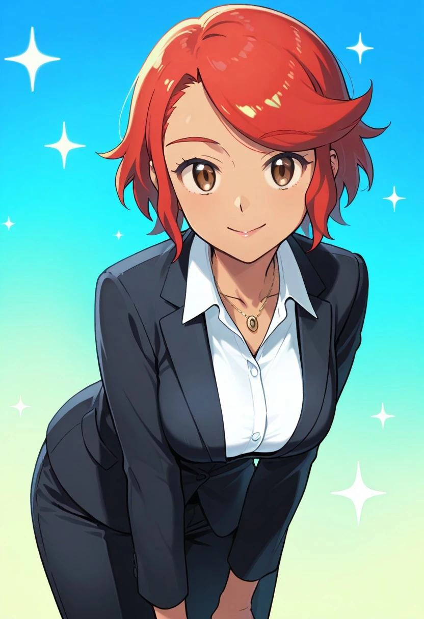 2d, masterpiece, best quality, amazing quality, 1girl, solo, close-up, standing, smile, upper body, leaning_forward, looking at viewer, multicolored background, sparkle, gradient background, colorful background, green background, blue background, (mature female, adult body, grown up, aged up), pktina, brown eyes, short hair, red hair, bangs, dark-skinned female, long sleevees, office lady, black jacket, collared shirt, necklace, medium breasts, black pants, long pants