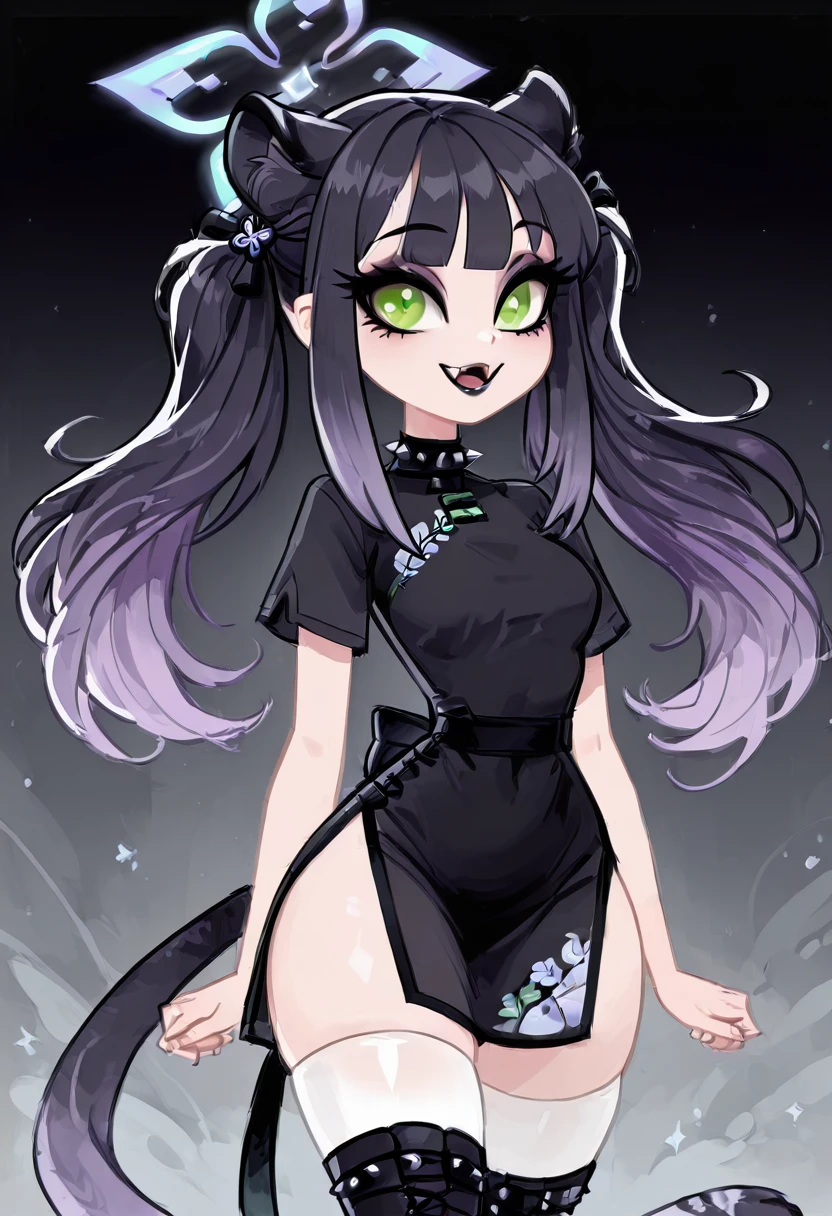 masterpiece, best quality, solo, curvy, beautiful eyes, narrow waist, wide hips, zzShun, green eyes, black hair, blunt bangs, long hair, animal ears, tiger ears, halo, animal ear fluff, twintails, tiger girl, extra ears, black dress, black footwear, china dress, shoes, short sleeves, white thighhighs, , <lora:ShunBlueArchiveIXL:1.0>, , smile, looking at viewer, cowboy shot, (two-tone hair, purple hair, makeup, eyeshadow, black lips, dress, black boots, knee boots, spikes, spiked collar, gothic), ,<lora:VampieNAI:1.0>,