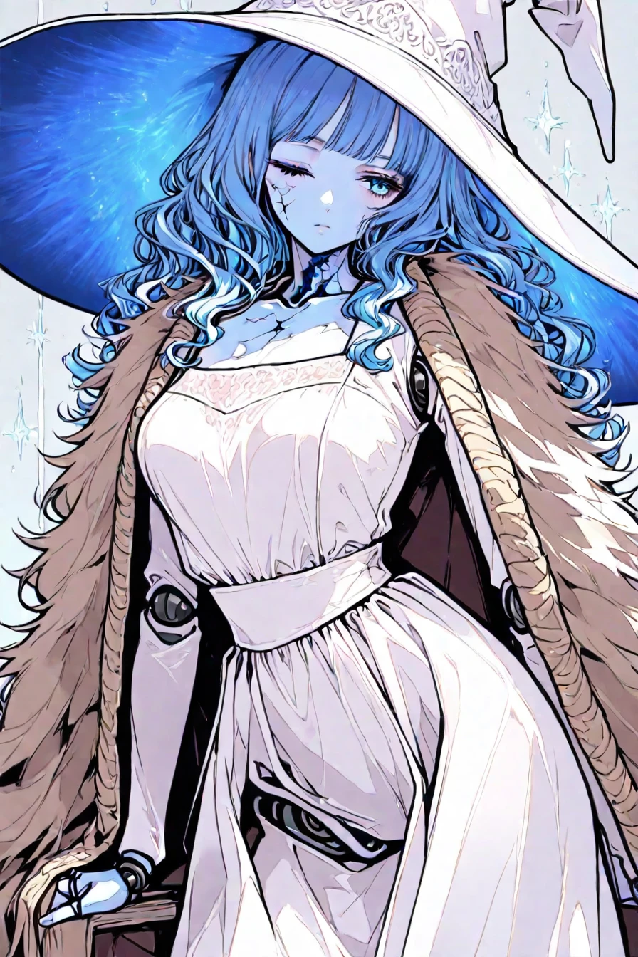 <lora:Ranni_illusXLNoobAI_Incrs_v1:0.4> RnnDef, blue eyes, one eye closed, blue hair, wavy hair, blue skin, colored skin, cracked skin, doll joints, witch hat, large hat, white headwear, white dress, long sleeves, fur cloak, brown cloak, 1girl,solo, alone, <lora:neo_pop_style_illustriousXL_by_zura_janai-000029:1>, neo_pop_style, masterpiece, highres