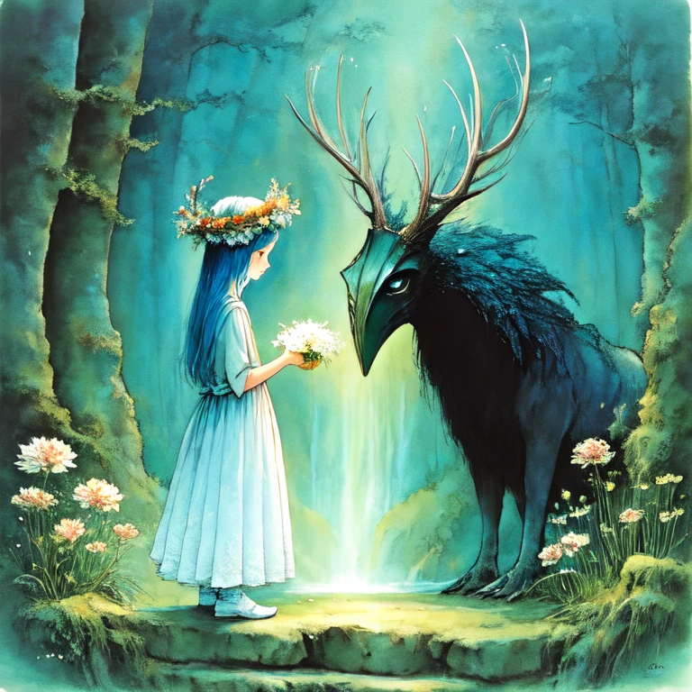 <lora:DarkGhibliMJ7SD1:1> Studio Ghibli Dark Fairytale, The image is an illustration of a young girl standing in a forest. She is wearing a white dress and a flower crown on her head. The girl is holding a small bouquet of flowers in her hand and is looking at a large creature with a large head that has a black eye and long pointed ears. The creature appears to be a creature with sharp teeth and sharp claws. It is standing on a stone platform in the middle of the forest surrounded by trees and bushes. The background is a deep blue-green color and there is a waterfall cascading down from the top of the image. The overall mood of the illustration is peaceful and serene., 1girl, flower, head wreath, dress, blue hair, long hair, holding, standing, from side, antlers
