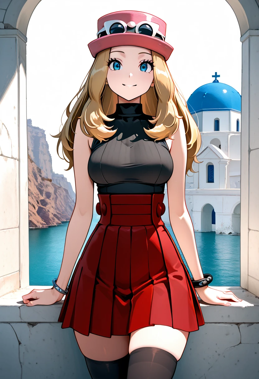 masterpiece, best quality, medium breasts, (curvy), narrow waist, BREAK, zzSerena, solo, long hair, blue eyes, eyewear on headwear, pink headwear, eyelashes, sleeveless shirt, black shirt, bracelet, high-waist skirt, red skirt, black thighhighs,<lora:SerenaPokemonIXL_v2:1.0>,smile, looking at viewer, cowboy shot, zzSantorini, ,<lora:SantoriniBuildings_IXL_v1:0.8>,