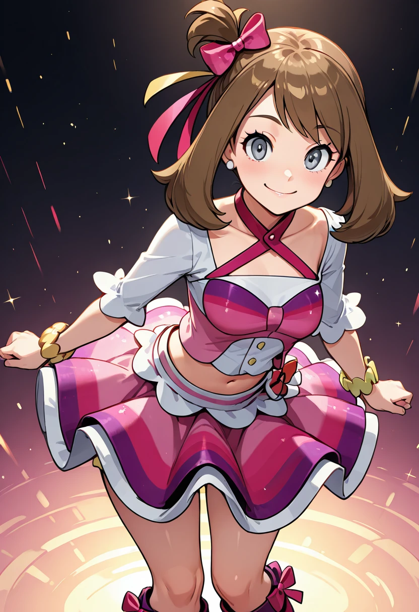 masterpiece, best quality, solo, curvy, beautiful eyes,  zzMayIdol, grey eyes, brown hair, medium hair, one side up, hair ribbon,,, skirt, bow, ribbon, jewelry, hair bow, boots, bracelet, cosplay, idol, <lora:MayContestPokemon_IXL_v2:1.0>,, cowboy shot, leaning forward, smile, looking at viewer, shiny skin,
