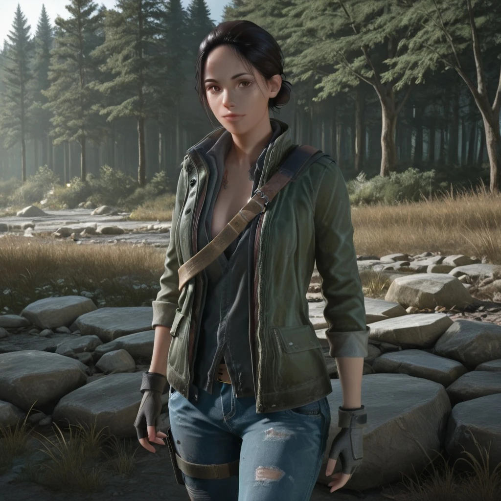 masterpiece, best quality, realistic, break, rikki_dg, black hair, single hair bun, brown eyes, shirt, jacket, sash, fingerless gloves, jeans, sititng, stone, looking at viewer, outdoors, natural lighting