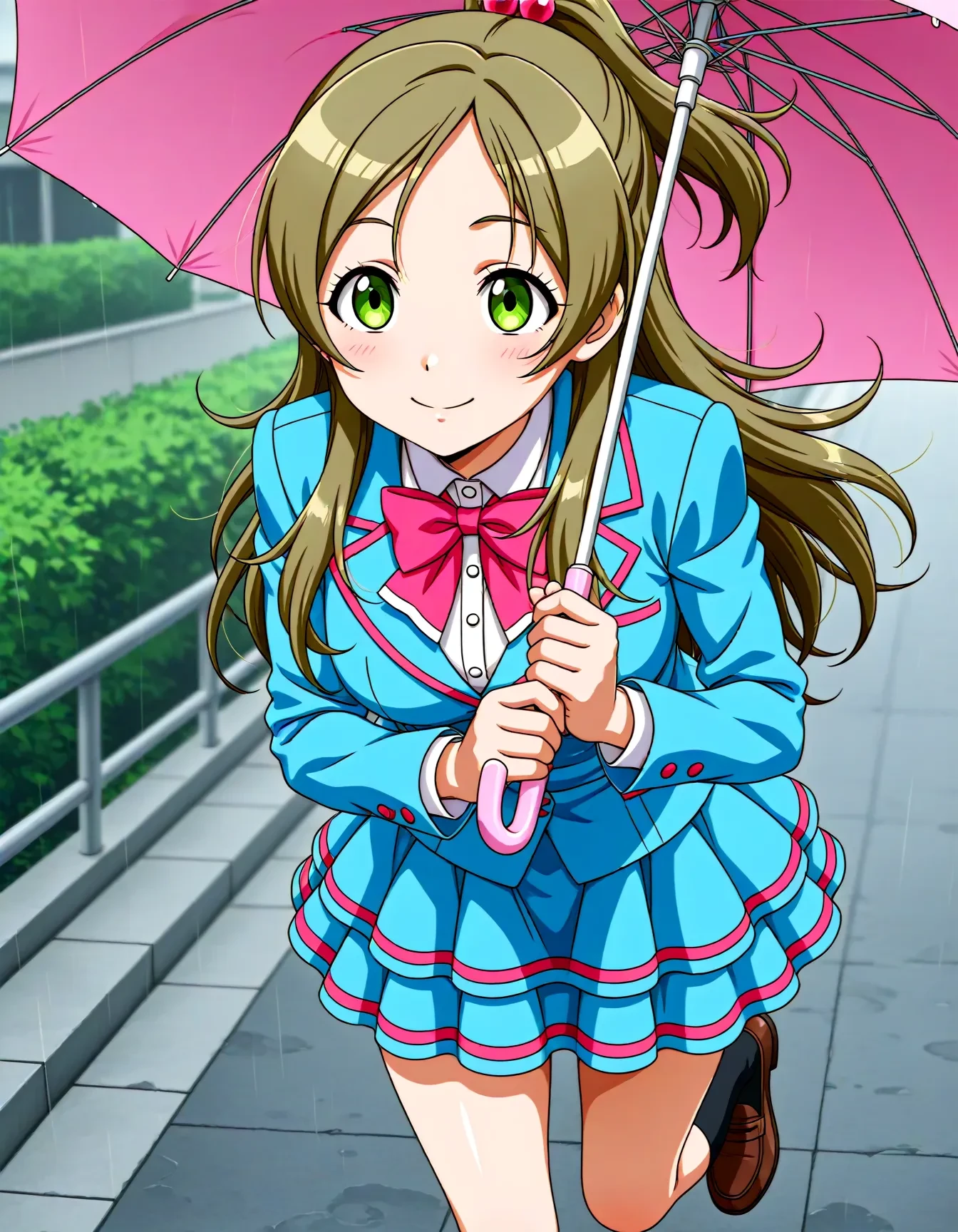 <lora:dmd2_sdxl_4step:1>,1girl,official style,masterpiece,best quality,newest,very aesthetic,highly detailed,high resolution,absurdres,highres,depth of field,super detailed skin,very awa,Anime,anime coloring,anime screencap,<lora:cure_rhythm_V2:1>,minamino kanade,brown hair,blonde hair,long hair,half updo,ponytail,eyelashes,green eyes,hair bobbles,aria gakuen school uniform,blue shirt,blue jacket,blazer,white shirt,long sleeves,pink neckwear,pink bow,bowtie,blue skirt,miniskirt,layered skirt,striped skirt,socks,black legwear,loafers,brown footwear,smile,hold an umbrella,rain,running,