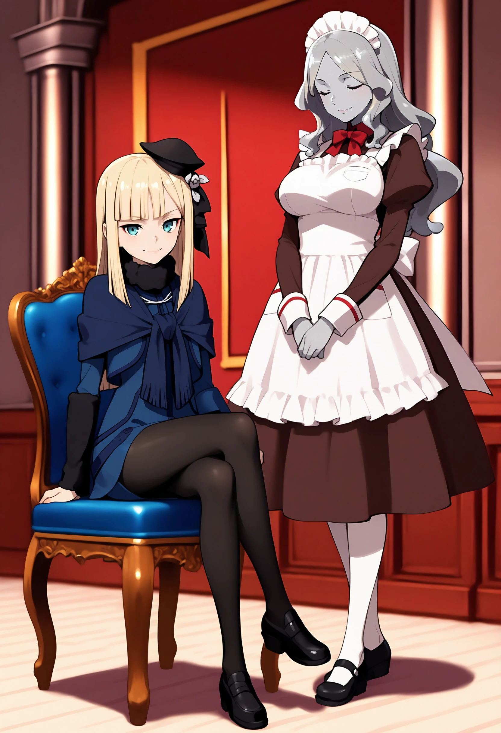 masterpiece,extreme detailed,indoor,mansion,2girls,full body BREAK reines el-melloi archisorte,swept bangs,blunt bangs,long hair,blonde hair,blue eyes,black beret,hari flower,hair ribbon,fur collar,blue scarf,blue capelet,blue dress,long sleeves,black arm warmers,black pantyhose,<lora:FateSeries_LordEl-MelloiII_ReinesArchisorte_IlluXL:0.8>,chair,sitting,looking at viewer,crossed legs,smile,
masterpiece,extreme detailed,indoor,mansion,2girls,full body BREAK trimmau_(fate),solo,closed mouth,closed eyes,long hair,grey hair,large breasts,maid,maid headdress,white apron,juliet sleeves,brown dress,grey skin,long sleeves,shoes,white pantyhose,black footwear,red bow,bowtie,bubble,<lora:trimmau-IL:0.8>,