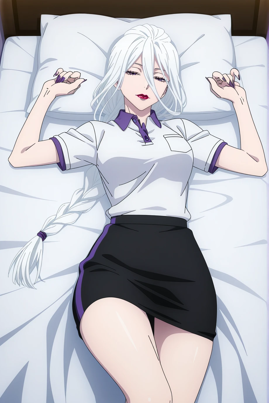 absurdres, masterpiece, best quality, very aesthetic, 1girl, solo,
anime coloring, <lora:MeiMei-IL-v1-08:0.9>, ChopioMeiMei, white hair, looking at viewer,
medium breasts, purple nails, long fingernails, wide hips,
long hair, braided ponytail, long bangs, hair tie, purple eyes, hair between eyes, red lipstick, half-closed eyes,
outfit_3, white shirt, polo shirt, short sleeves, black skirt,
bedroom, bed, bed sheet, pillow, on bed, on back, from above,