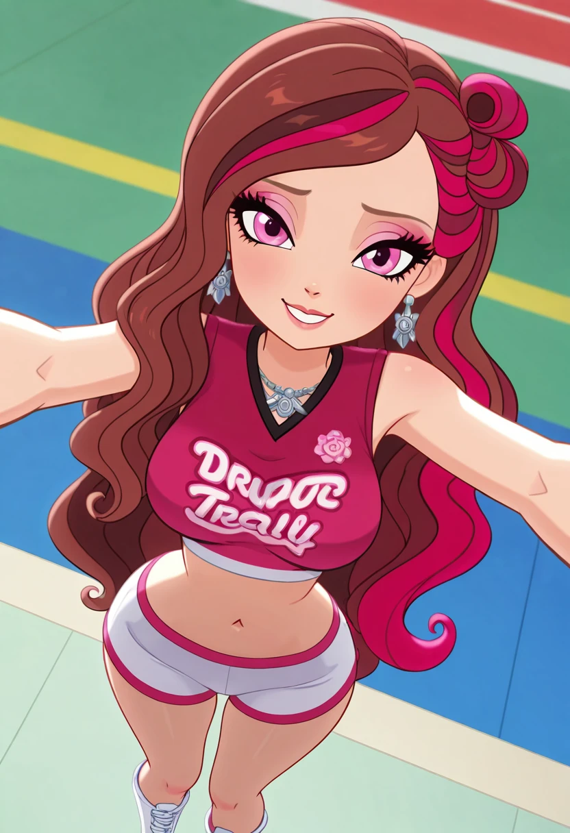 masterpiece, best quality, solo, curvy, beautiful eyes,  narrow waist, wide hips, looking at viewer, smile, zzBriar, pink eyes, brown hair, long hair, multicolored hair, pink hair, red hair, streaked hair, two-tone hair, wavy hair,  ,     <lora:BriarBeautyEAH_IXL:0.8>,  dynamic angle, foreshortening, close up, [Pep Rally Rebel], Tight white crop top tied in front, ultra-short white shorts, cheerleader vest, fingerless gloves, large hoop earrings, white boots, statement jewelry, Strutting across an indoor gym floor, midriff bared and navel catching the light, attitude turned all the way up, head held high as music pulses in the background.