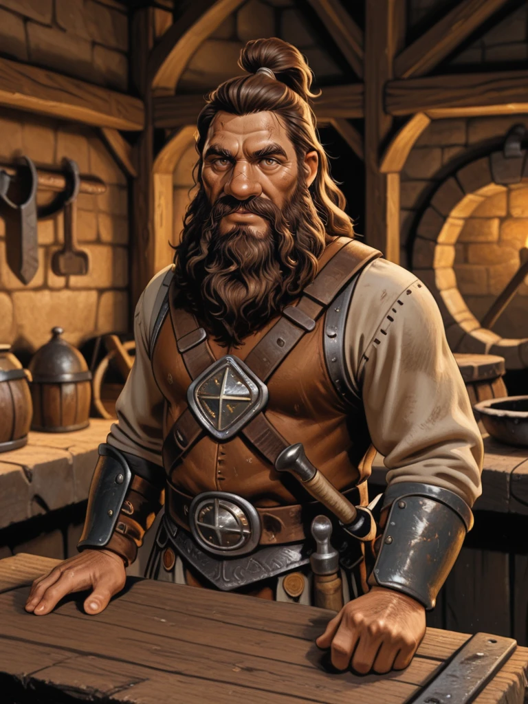 <lora:Flint_Fireforge__Dragonlance:0.7>
dlflint,,brown hair, facial hair, beard,, masculine, male,
solo
working in a medieval forge, blacksmith