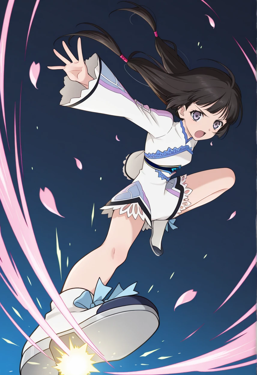 serious, floating petals, sakura petals,
BREAK,
<lora:kohak_illustriousXL_v03:1.4>
kohakdef, black hair, purple eyes, very long hair, blunt bangs, ahoge, low tied hair, twintails,
white bodysuit, long sleeves, wide sleeves, lace, back cutout, laced sleeves,
bare legs, pointe shoes,
<lora:riderkick_Illust_v1:0.7>rider kick, flame effects, spark, glow, incoming attack,, source_anime, very aesthetic, anime coloring, masterpiece,
best quality, amazing quality, ultra detailed, very aesthetic,
detailed background,
BREAK,, gradient background, dark blue background, particle effects,