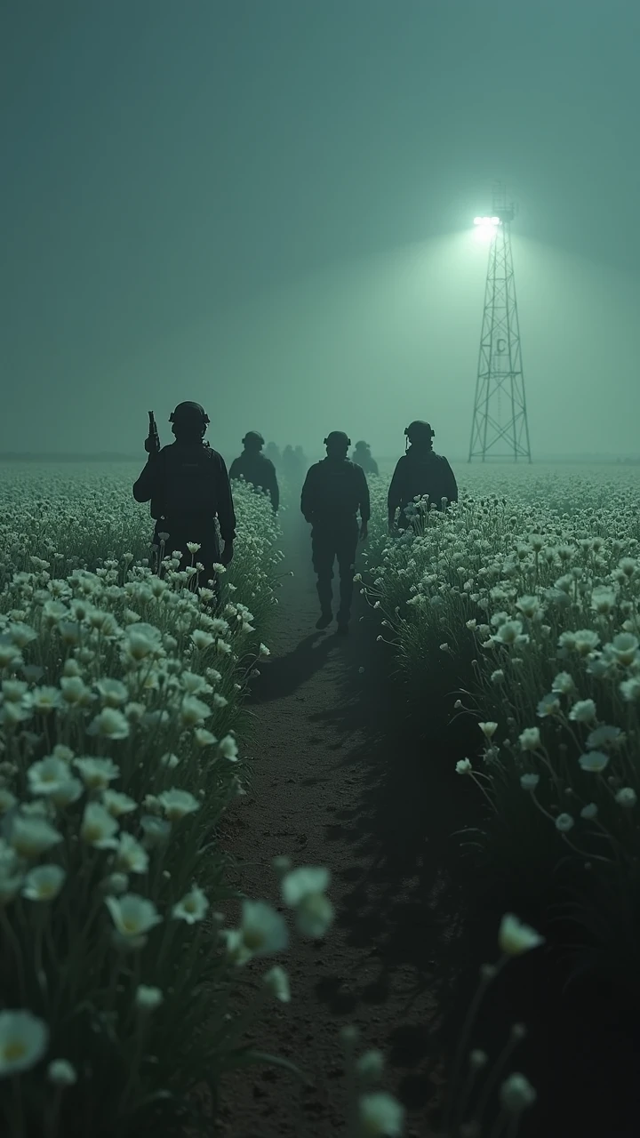 aidmagta6, midnight raid on an opium poppy field in a windswept desert plain, armed special-ops team in ghillie suits tiptoe between ivory flowers while a hidden watchtower spotlight sweeps the rows, ready to cut power and unleash a silent assault