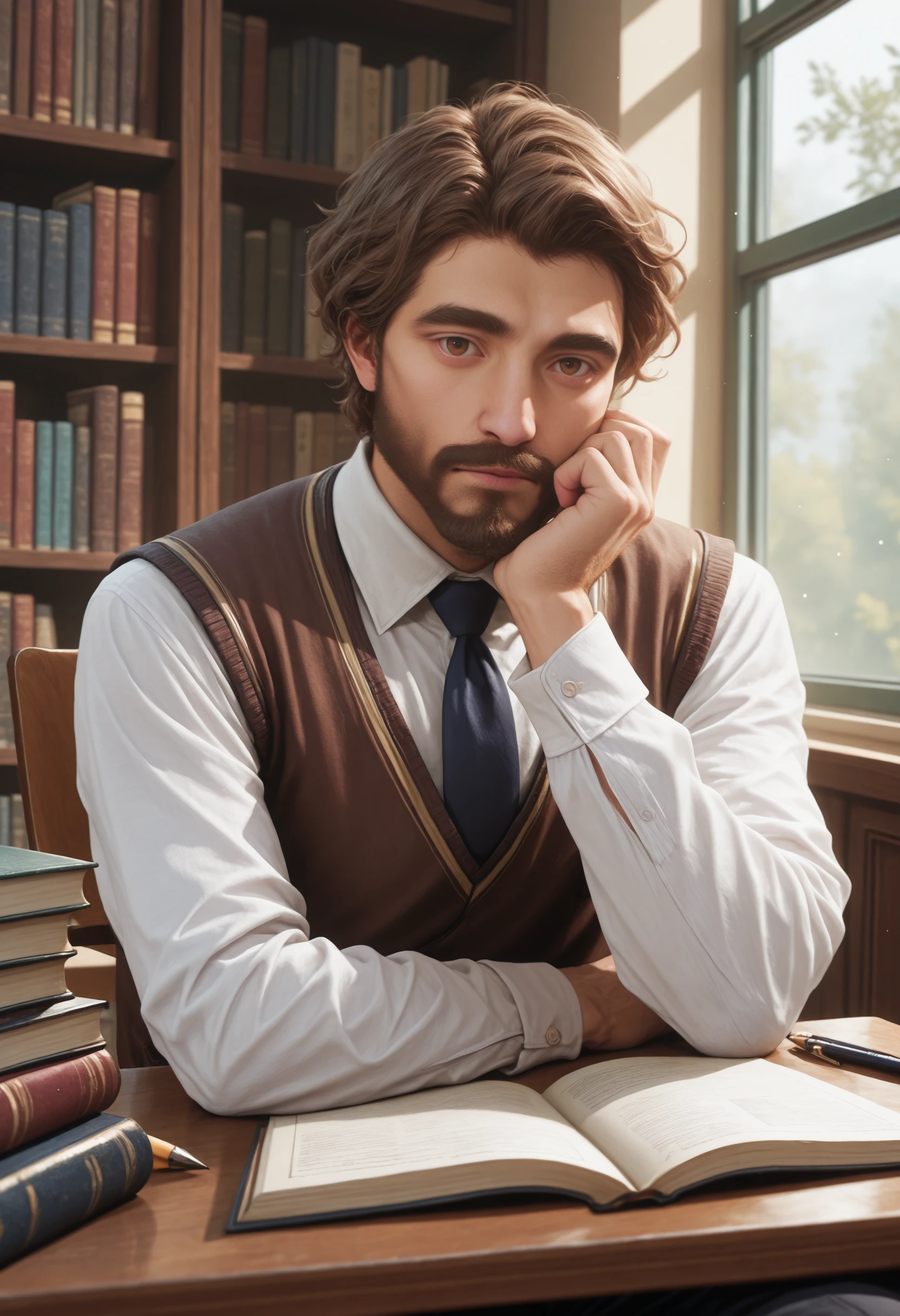 masterpiece, very aesthetic, best quality, absurdres, newest, realistic
<lora:ILE3Gustav:1.0>
E3Gustav, 1boy, male focus, short hair, brown hair, brown eyes, beard, looking at viewer, male focus, book stack, necktie, white shirt, indoors, window, long sleeves, collared shirt, bookshelf, sweater vest, closed mouth, pen, desk, open book, black pants, day, pencil, library, upper body, sitting, hand up, light particles, school uniform, head rest, brown vest, hand on own face, table, sunlight, bishounen