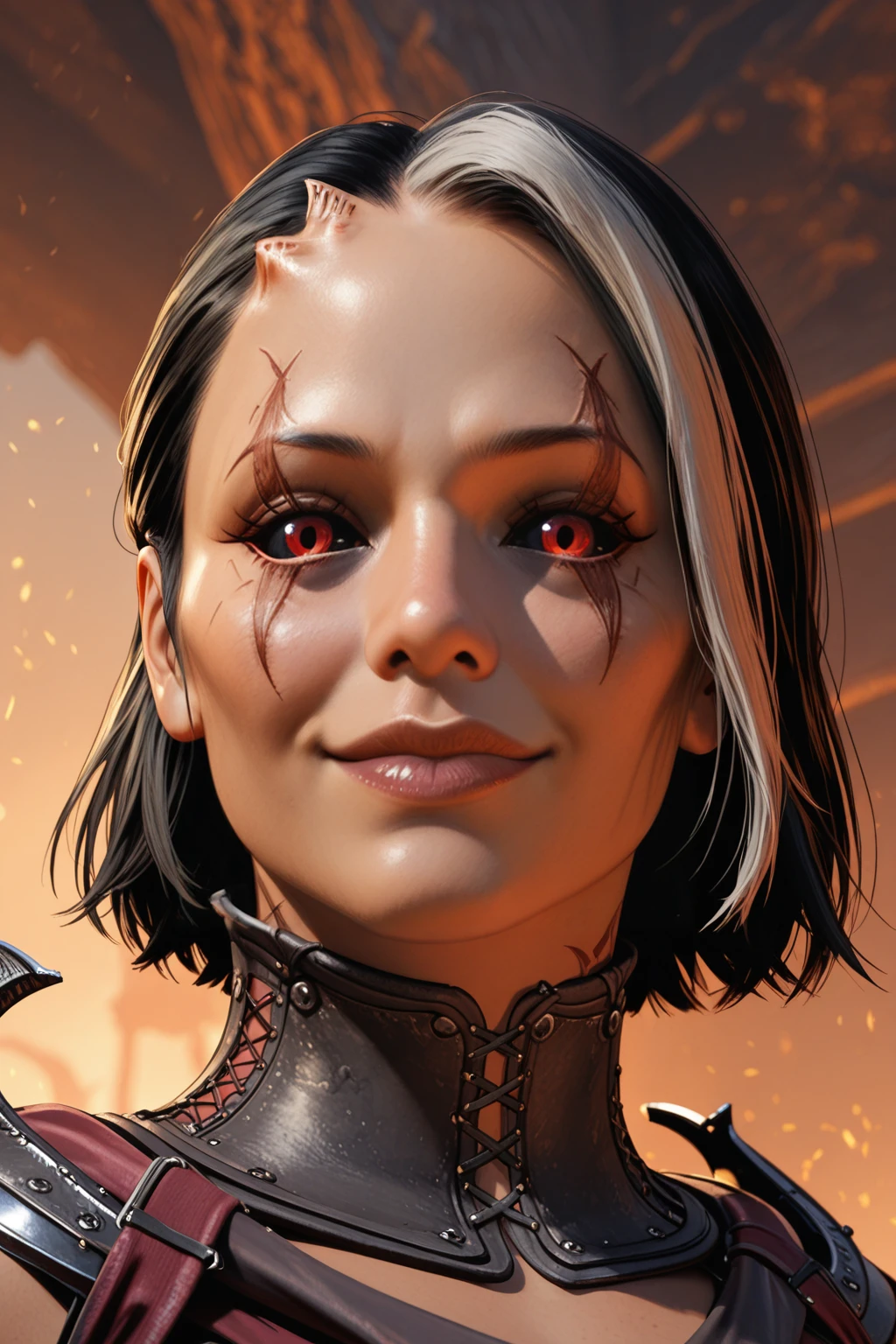 masterpiece, good quality, best quality, very awa, very as2, absurdres, highres
<lora:sareena mk1illuLora:1>sareena, tattoo, small horns, short hair, two-tone hair, scar across eyes, red pupils, black sclera, turtelneck, shoulder armor, armor, portrait, close-up, smile