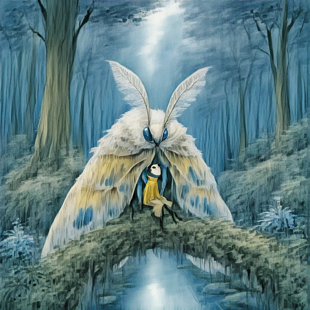 <lora:DarkGhibliMJ7Illustrious:1> Studio Ghibli Dark Fairytale, The image is an illustration of a large moth flying over a lush green forest. The moth is white with blue spots and has a large head with two antennae on its head. It is flying over the forest floor which is covered in plants and trees. The background is filled with tall trees and shrubs and there is a small stream running through the bottom of the image. The sky is blue with white clouds and the overall mood of the illustration is peaceful and serene. A person wearing a yellow jacket is sitting on top of the moth looking up at it with a curious expression., nature, antennae, flower, traditional media, outdoors, painting (medium), wings, bug, tree, animal