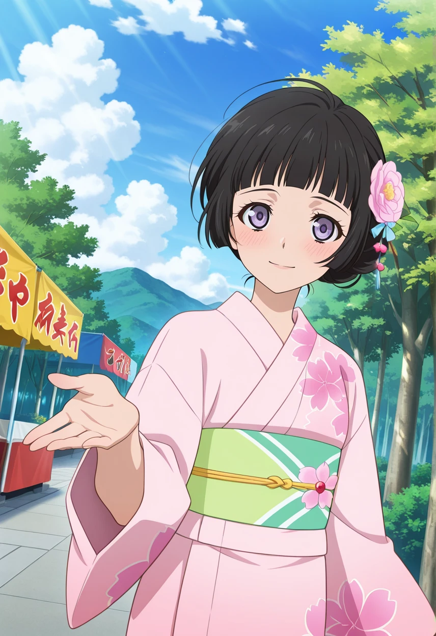 festival, blush, embarrassed, light smile, offering hand,
cowboy shot, dynamic angle,
BREAK,
<lora:kohak_illustriousXL_v03:1>
kohakrnd, kohakykt, black hair, purple eyes, blunt bangs, tied hair, short hair, hair flower,
pink yukata, floral print, green sash,, source_anime, very aesthetic, anime coloring, masterpiece,
best quality, amazing quality, ultra detailed, very aesthetic,
detailed background,
BREAK,, street, trees, clouds, day,