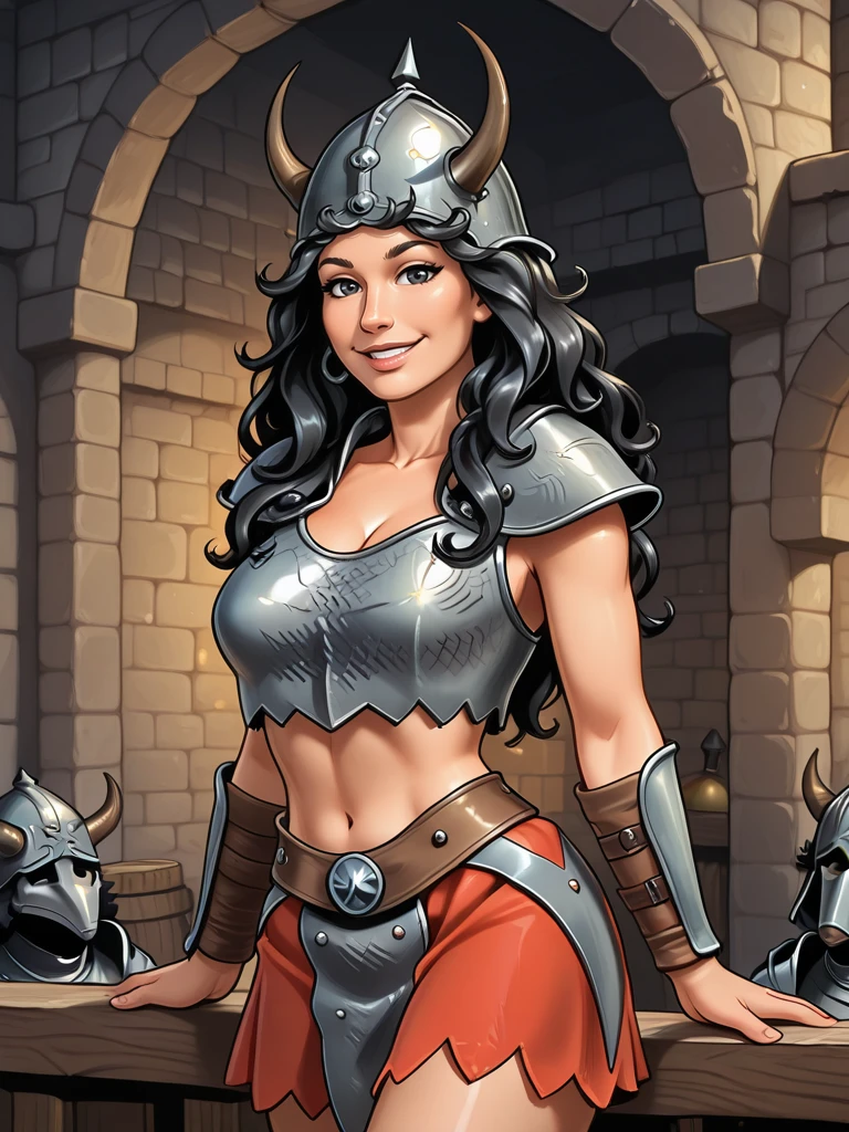 <lora:Telerie:0.7>
telerie,,long hair, black hair, curly hair,,armor, midriff, skirt, helmet,, looking at viewer, smiling
medieval dungeon, solo