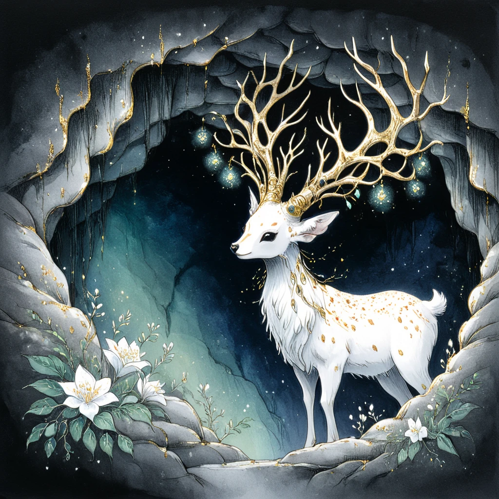 <lora:DarkGhibliMJ7SDXL:1> Studio Ghibli Dark Fairytale, The image is a digital illustration of a white deer standing in a cave. The deer has large antlers that are spread out on its head with the tips of the antlers reaching upwards towards the sky. The antlers are covered in gold glitter giving the deer a luxurious and regal appearance. The background is dark and starry with a hint of blue and green. The cave walls are made of rocks and boulders and there are small white flowers scattered throughout the scene. The overall mood of the image is mystical and mystical., no humans, flower, antlers, painting (medium), traditional media, nature, tree, deer, solo, white flower
