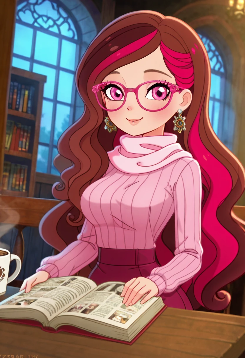 masterpiece, best quality, solo, curvy, beautiful eyes,  narrow waist, wide hips, looking at viewer, smile, zzBriar, pink eyes, brown hair, long hair, multicolored hair, pink hair, red hair, streaked hair, two-tone hair, wavy hair,  ,     <lora:BriarBeautyEAH_IXL:0.8>,  dynamic angle, foreshortening, close up, [Cozy Intellectual Charm], Warm turtleneck sweater, small hoop earrings, reading glasses, soft scarf, Sitting at a wooden table in a quiet library, steam curling from a coffee cup, surrounded by books and ambient golden lighting through tall windows.