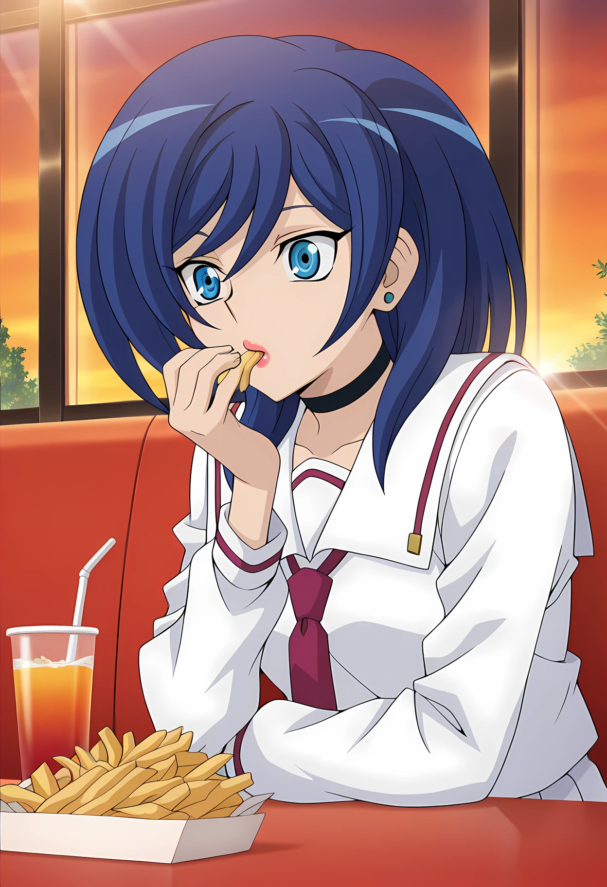 masterpiece,best quality,amazing quality,
1girl, solo, face focus,
Asaka Narumi (Cardfight Vanguard), blue hair, blue eyes, stud earrings, choker, lipstick, school uniform, serafuku, white sailor collar, necktie, long sleeves, pleated skirt, socks, black footwear, mary janes,
cinematic, upper body, eating a french fries,
Sit, sitting, glass, cafe, greenery,
afternoon, sunset,
Lens flare, bloom,
Official style, anime screencap, anime coloring,