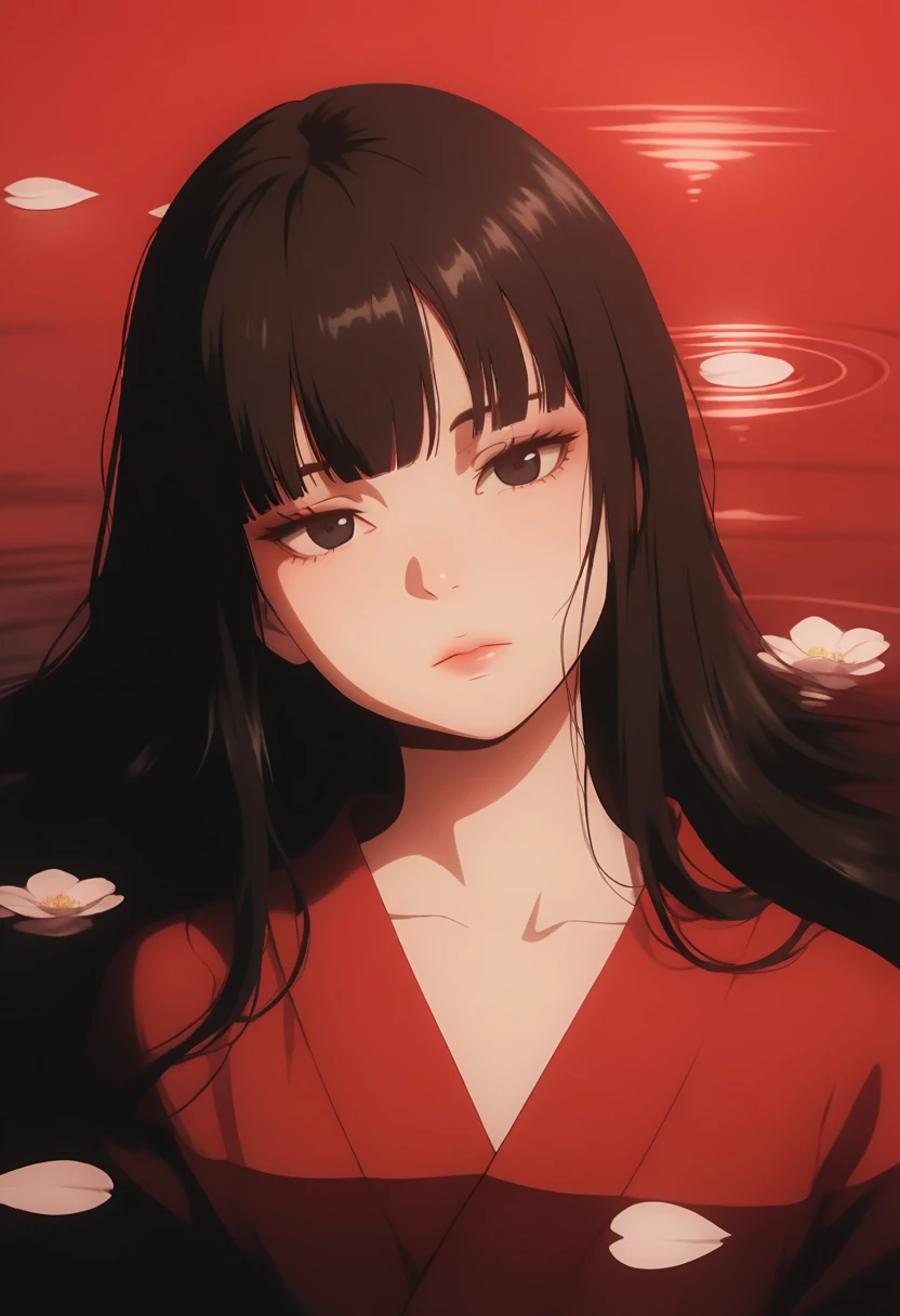 masterpiece, best quality, amazing quality, LDSCH, aesthetic, 1girl, solo, long hair, looking at viewer, black hair, closed mouth, brown eyes, collarbone, upper body, flower, lying, japanese clothes, blunt bangs, kimono, water, black eyes, eyelashes, lips, head tilt, petals, expressionless, portrait, red background, partially submerged, red theme, ripples