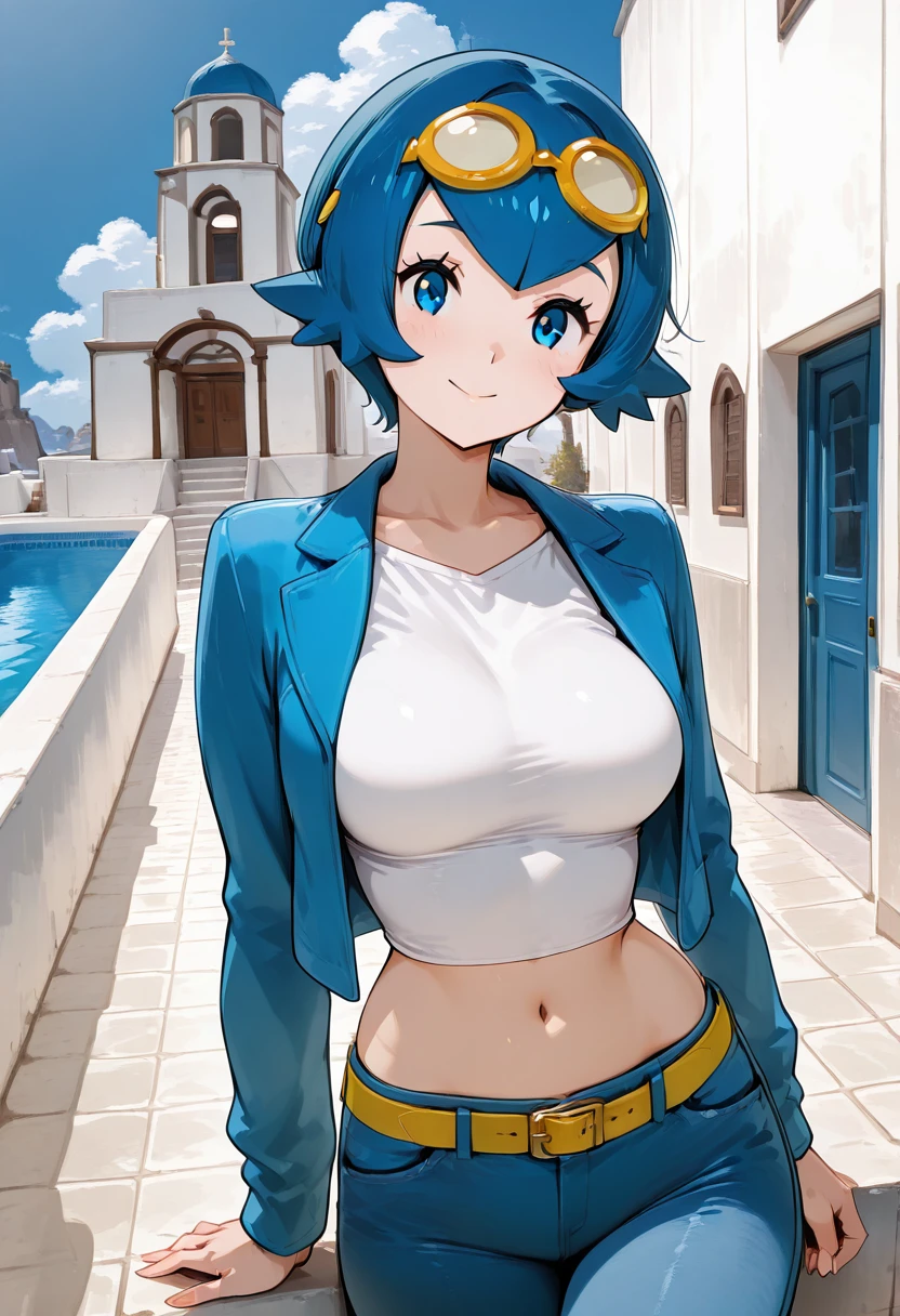 masterpiece, best quality, medium breasts, (curvy), narrow waist, BREAK, zzCLana, blue eyes, blue hair, short hair, white shirt, open clothes, midriff, denim pants, blue jacket, goggles, yellow belt, <lora:CollegeLanaCitronOC_NAI:1.0>,smile, looking at viewer, cowboy shot, zzSantorini, ,<lora:SantoriniBuildings_IXL_v1:0.8>,