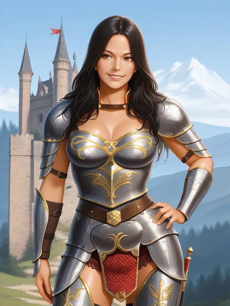 <lora:Mia:0.7>
miawar,,long hair, dark hair,, armor,,
cowboy shot, hand on hip, smile
standing on a castle, looking off into the distance
