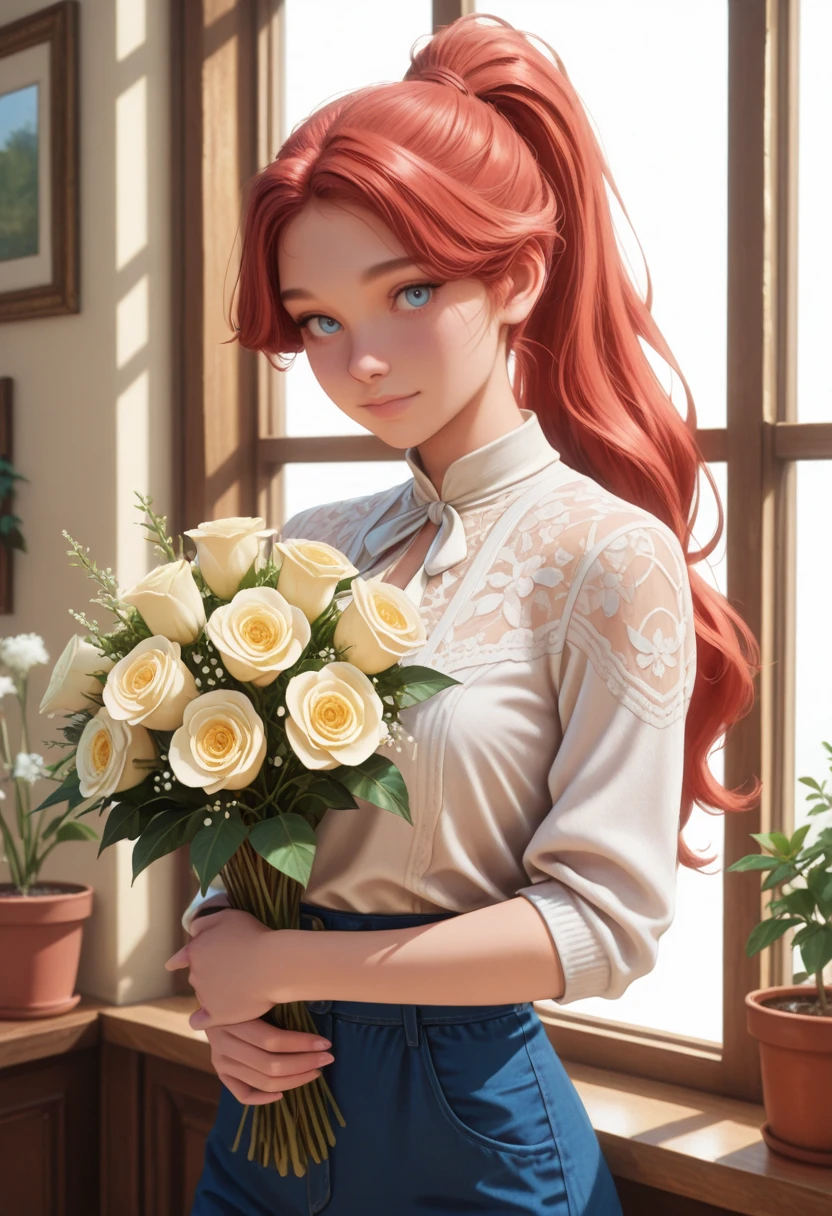 masterpiece, very aesthetic, best quality, absurdres, newest,
<lora:ILE3Maelle:1.0>
E3Maelle, 1girl, red hair, long hair, ponytail, blue eyes, looking at viewer, holds a bouquet of flower, warm sunlight streaming through a window, surrounded by an assortment of potted flowers