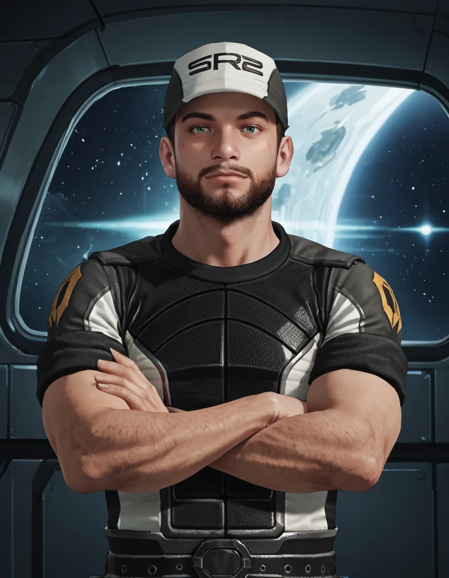 score_9, score_8_up, score_7_up, score_6_up, score_5_up, male focus, solo, <lora:Mass Effect 2 - Joker - Pony-000005:0.8>, jmoreau, 1boy, brown hair, very short hair, green eyes, beard, mustache, uniform baseball cap, uniform shirt, sleeves rolled up, belt, uniform pants, uniform boots, spacecraft interior, looking at viewer, head tilt, standing, crossed arms, three quarter view, upper body