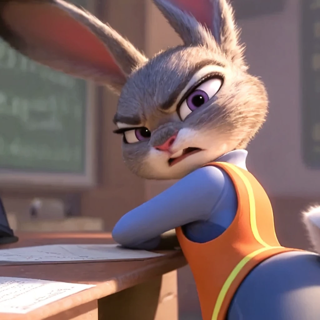 judymtr, solo, leaning on desk, looking back, disgusted, annoyed, orange vest, close up <lora:judyhopps-v3-Yiffy:0.8>, BREAK best quality, high quality, masterpiece