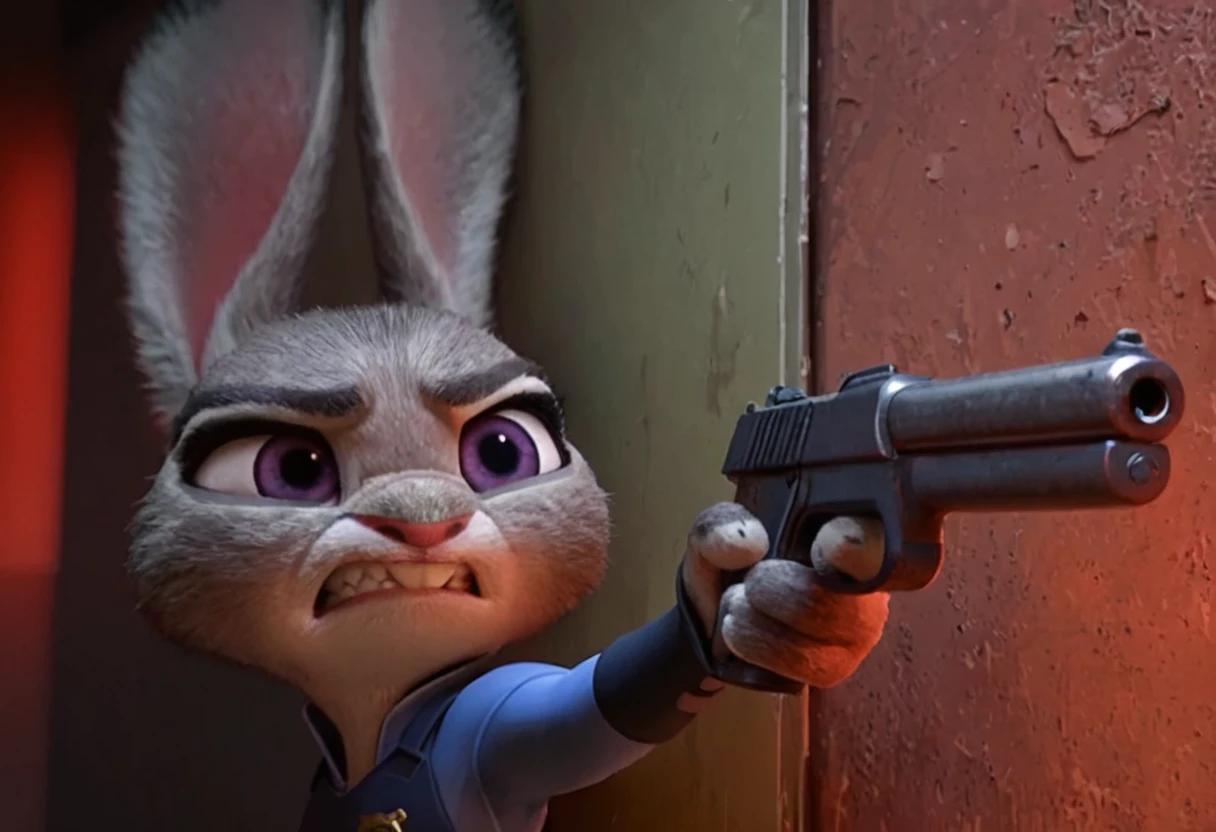 <lora:judyhopps-v3-Yiffy:0.8> judyhopps, holding gun, against wall, front view, wall, portrait, solo, interior, dark red lighting, action pose, aiming gun, pistol, clenched teeth, buck teeth, BREAK best quality, high quality, masterpiece